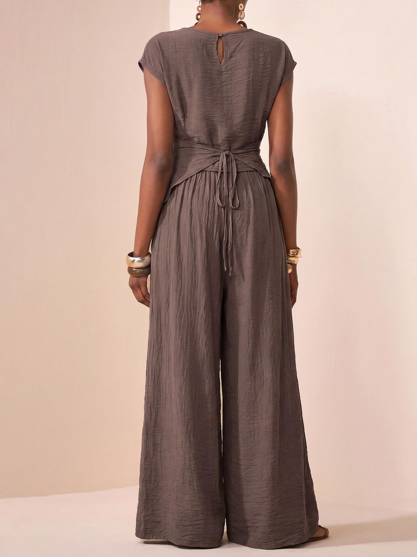 2pcs/Set Women's Casual Pleated Top and Wide Leg Pants Set,Summer Elegant Vacation Holiday Women's Two Pieces, Small Round Neck Overlapping Hem Versatile Casual Cruise Beach Seaside Wear,Comfortable Loose Fit, Perfect for Daily Wear
