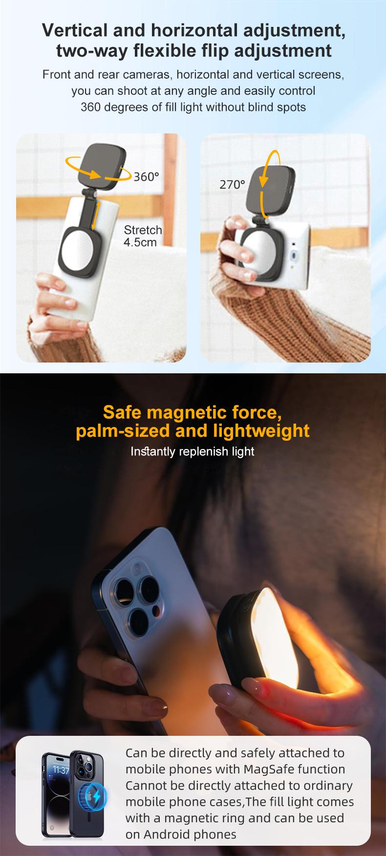 Portable Magnetic Selfie Light, Compatible With MagSafe iPhone，Phone Light With a Mirror, Adjustable For Phone Holder, 4 Lights Modes, 5 Brightness Adjustments,  Suitable For Selfies, Makeup, Live Broadcasts and Video Call Lighting, Perfect Gift For Girls