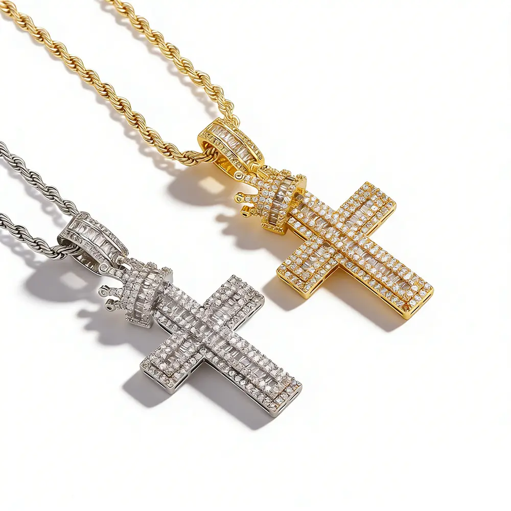 Unisex Hip-Hop Crown Cross Diamond-Studded Pendant Necklace - Twisted Chain, Copper Base, Cross Motif Costume Jewelry, Boujee Gift, Unisex Wear Sweater Chain