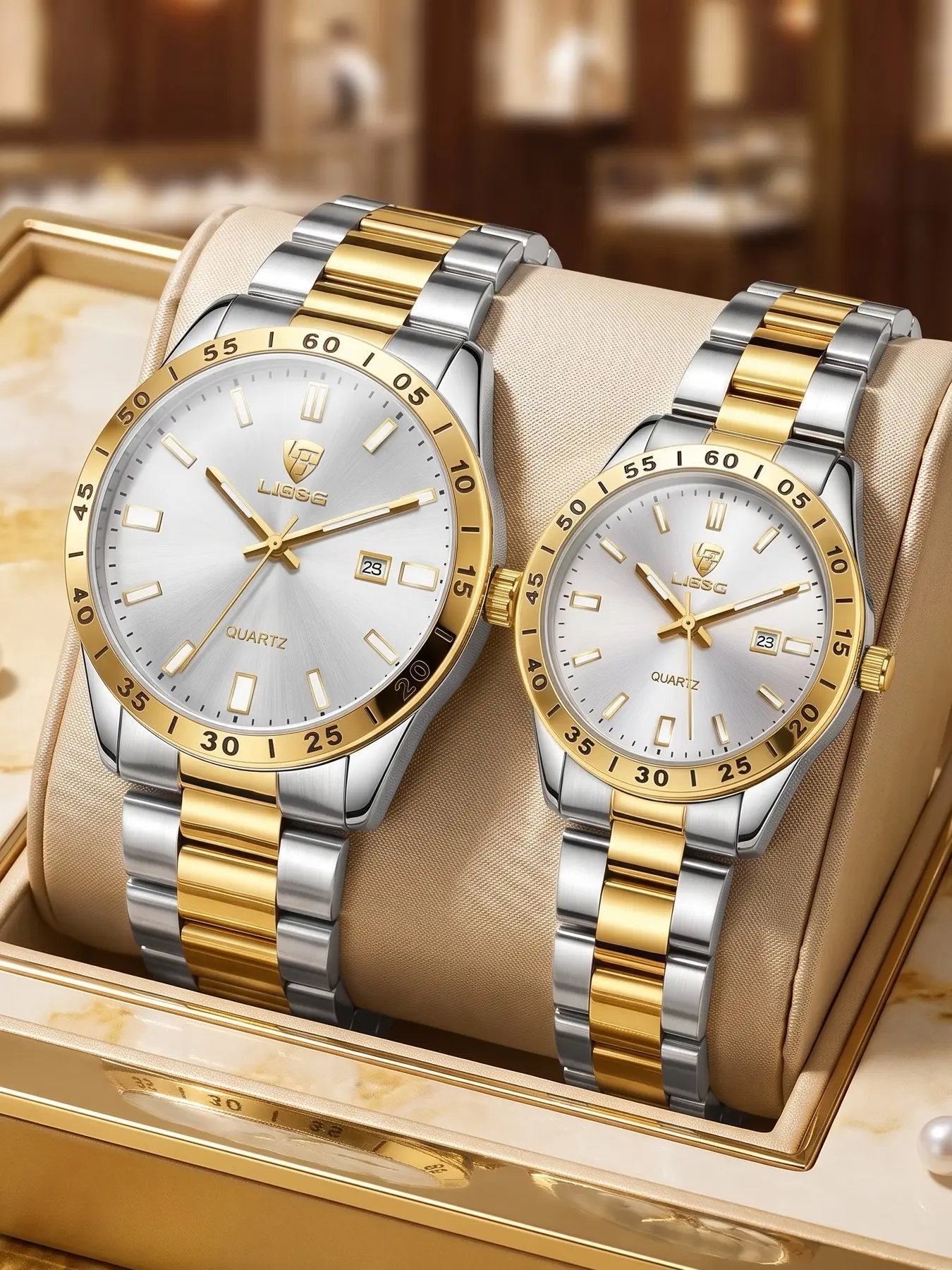 Liebig Business Fashion Quartz Watch, Unisex Couple Elegant Analog Watch, Night Light Date Display, Waterproof, Gift Box Included