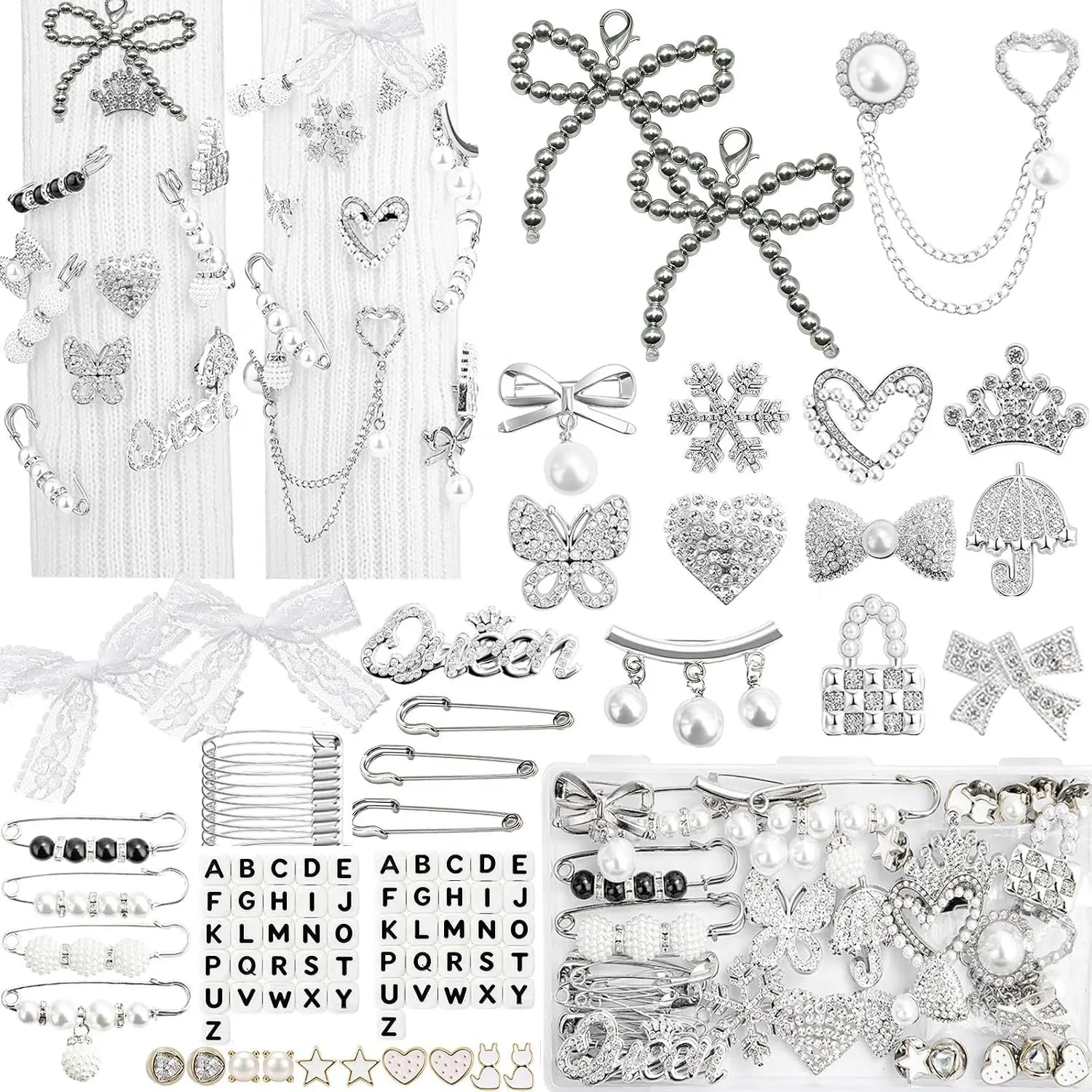 268pcs Silver Junk Socks Charms Kit,Shoe Charms for Sneakers, Brooches and Pins for Women, Pearl and Rhinestone Sock Charm with Safety Pins,DIY Accessories for Personalizing Socks