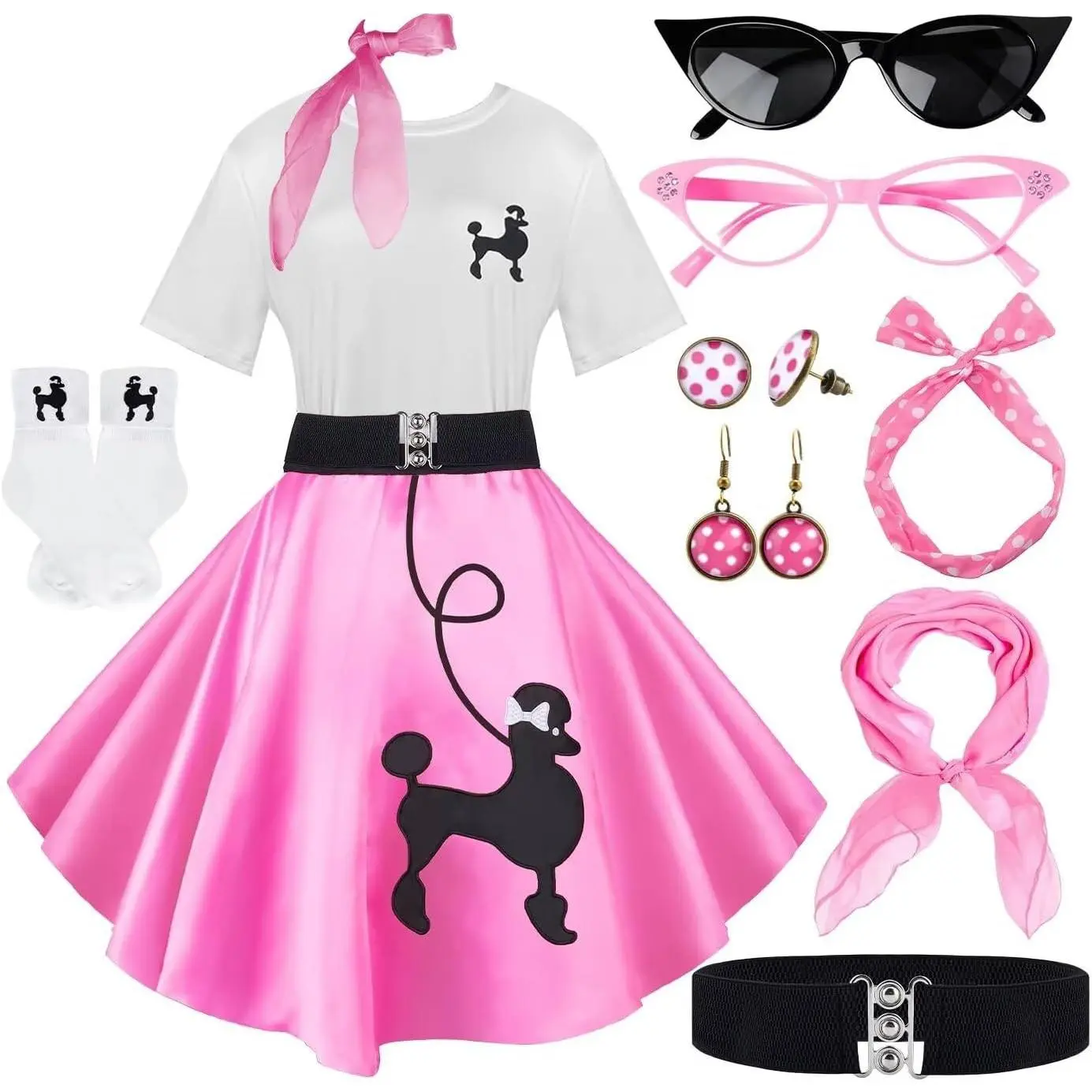 Women's 1950s Vintage Matching Costumes 10-Piece Polyester Sock Hop Outfit Set - Breathable Comfortable Cotton Tshirt, Smooth Chiffon Poodle Skirt, Socks, Scarf, Headband, Belt, Earrings for Birthday, Carnival (Elegance Focused)
