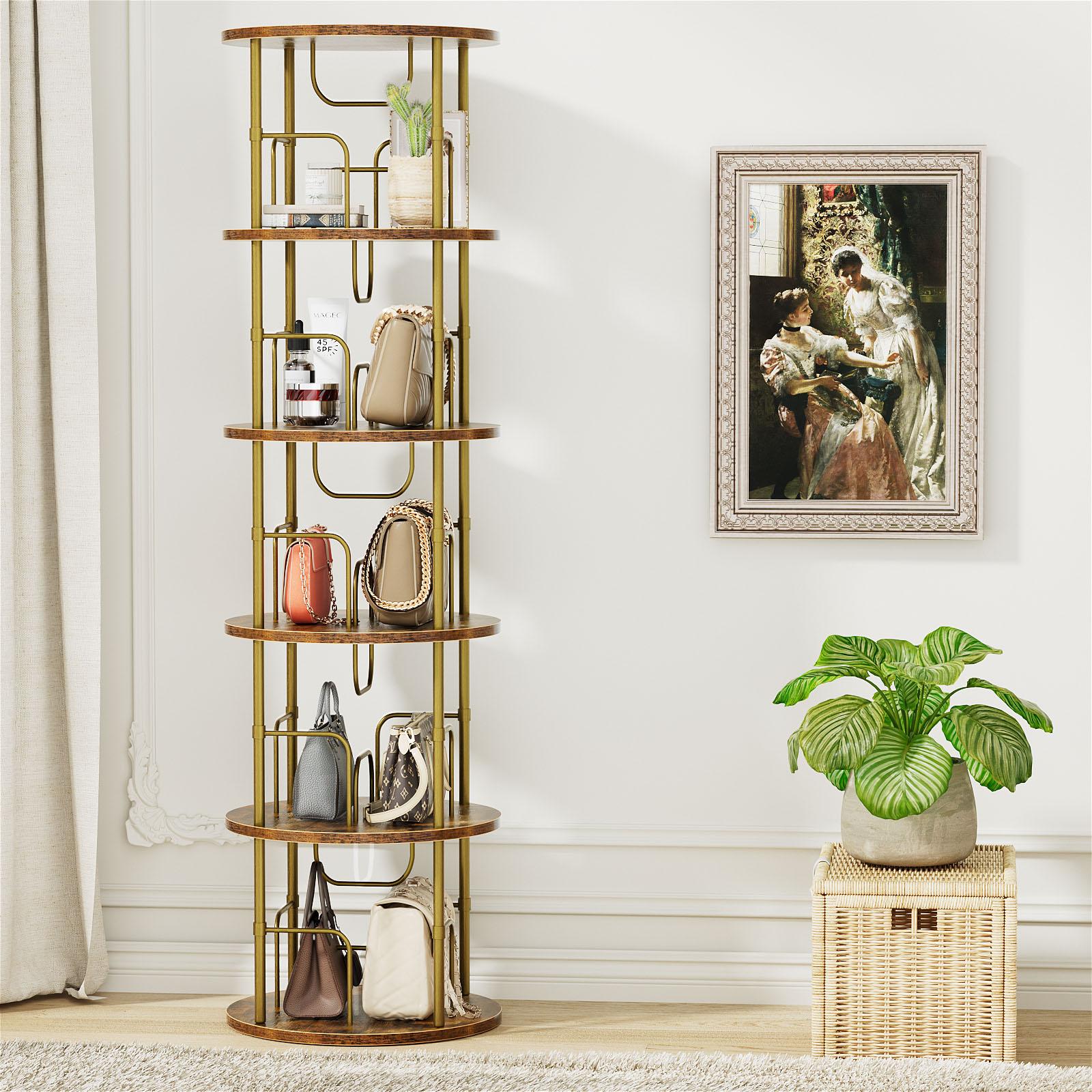 Flycity Rotating Bookshelf,3 Tier - 5 Tier Spinning Bookshelf Tower,360° Display Floating Shelves,Floor Standing Corner Racks Furniture Storage Organizer Design Round Modern floating shelves Adjustable Height Chair