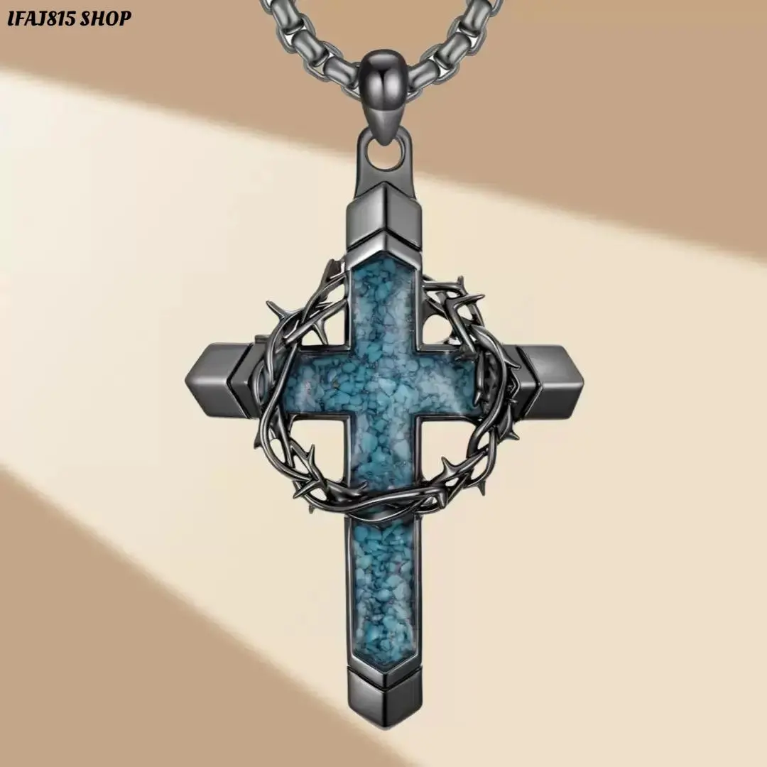 Turquoise Cross Necklace for Men, Vintage Western Cross Pendant with Thorn Wreath, Rustic Statement Faith Jewelry for Women, Bold Religious Inspired Accessory for Christmas, Birthday, Everyday Wear & Casual Outfits
