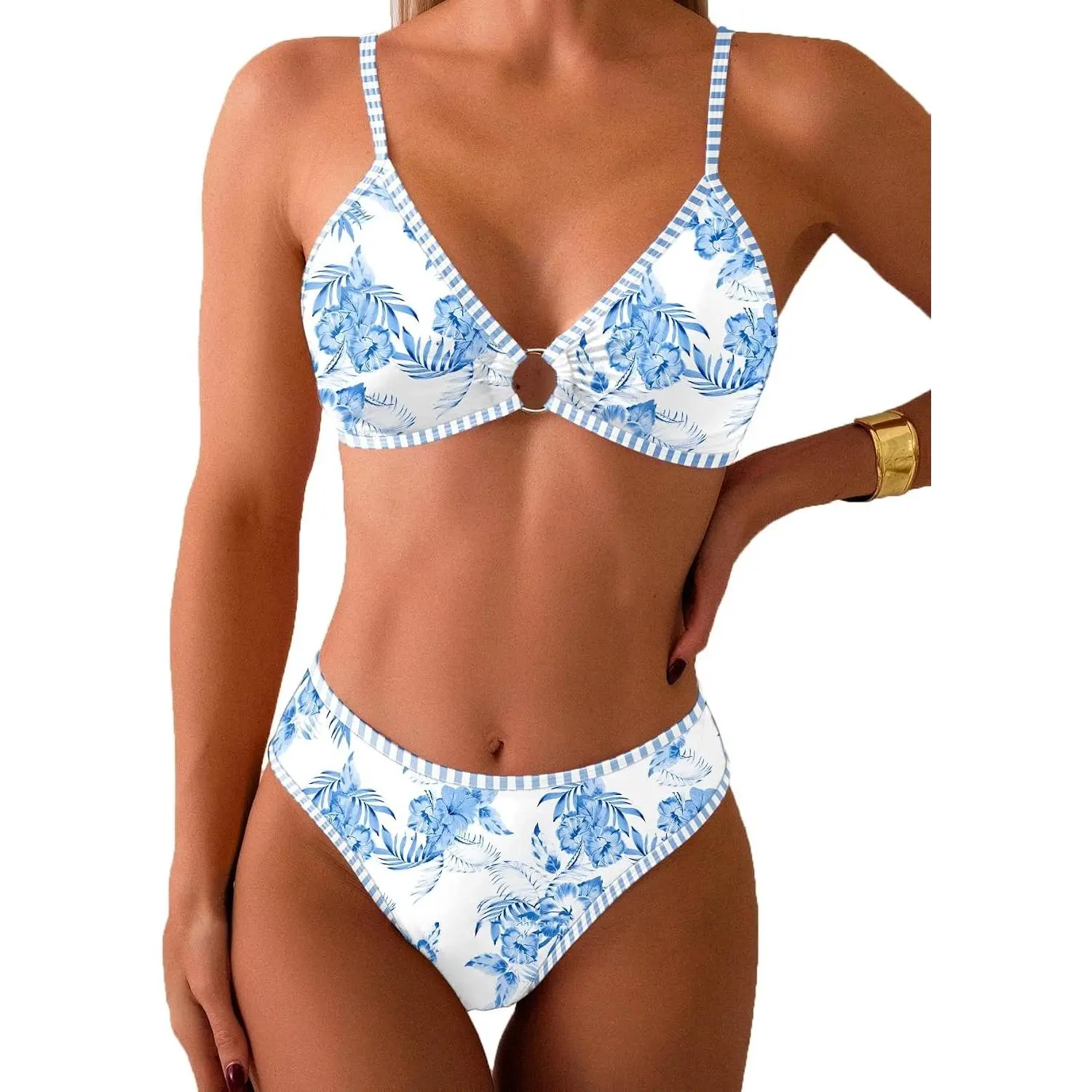 Women's Triangle Bikini Sets O Ring Linked Two Piece Swimsuits Floral Printed Cheeky Bathing Suit