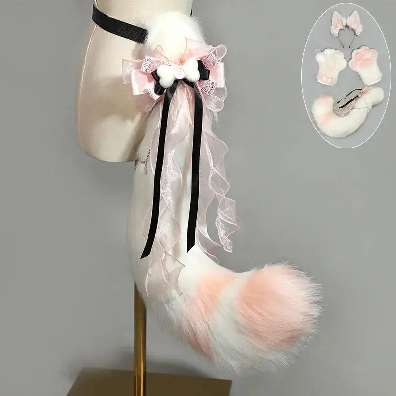Hand-made Realistic Fluffy Fox Ear Headwear Faux Fur Wolf Tail Plush Cat Claw Gloves Lolita Anime Exhibition Cosplay Props