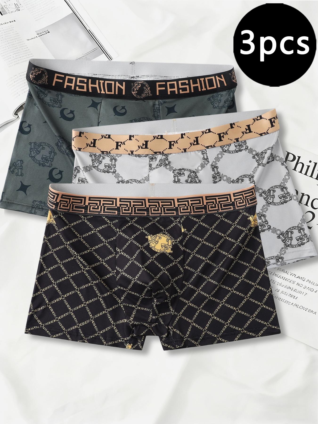 3Pcs Luxury Grid Men's Boxer Briefs | Gold Line Design Breathable Underwear | Stylish Stretch Boxers Shorts for Men