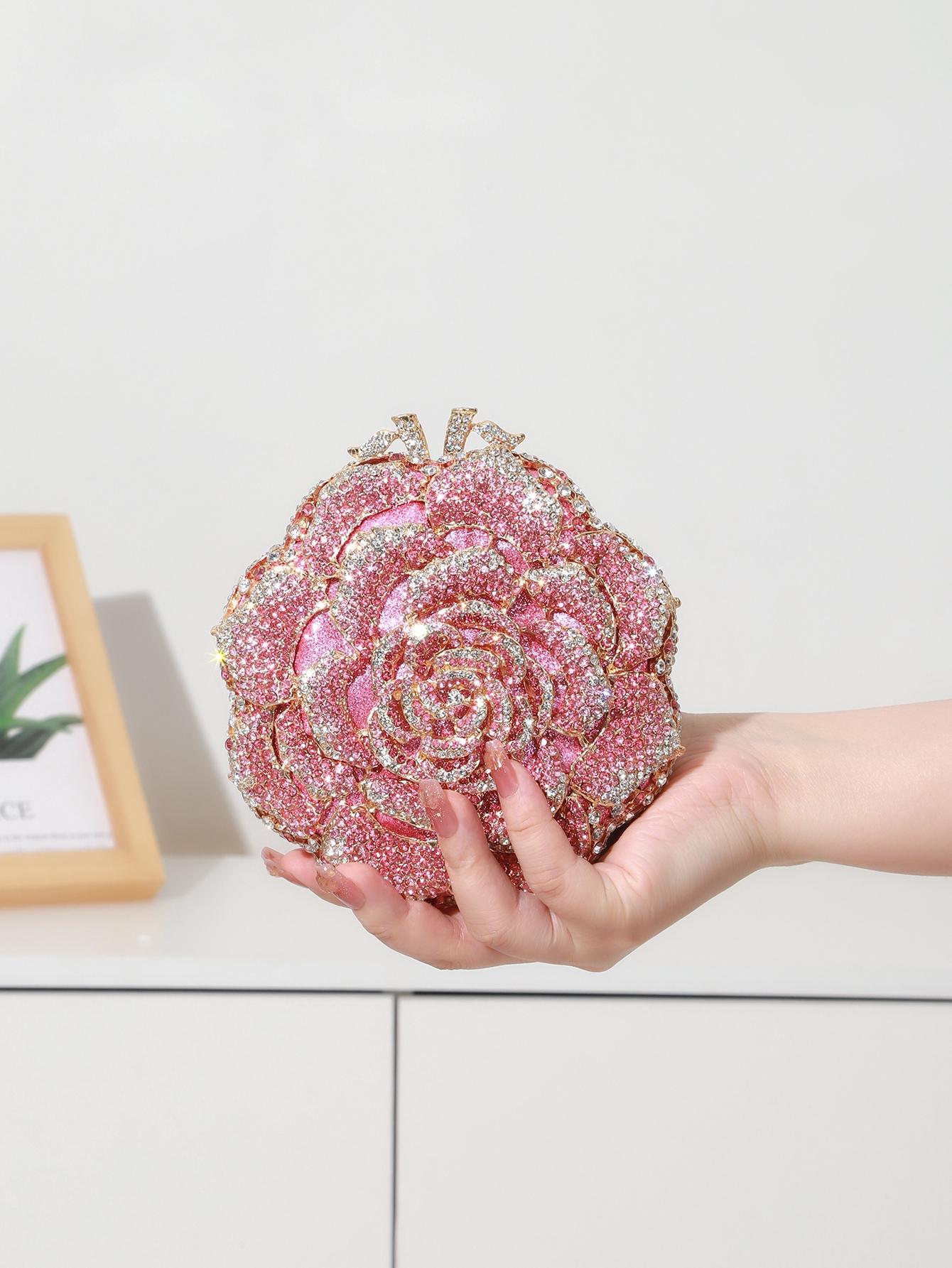 1pc Mini Elegant Clutch Bags Rhinestone Flower Design Evening Purses For Party&Prom,Luxury Metal Crystal Handmade Clutch Bags For Women,Full Diamond Dinner Clutches Novelty/Glitter Handbags For Wedding Bride/Gifts
