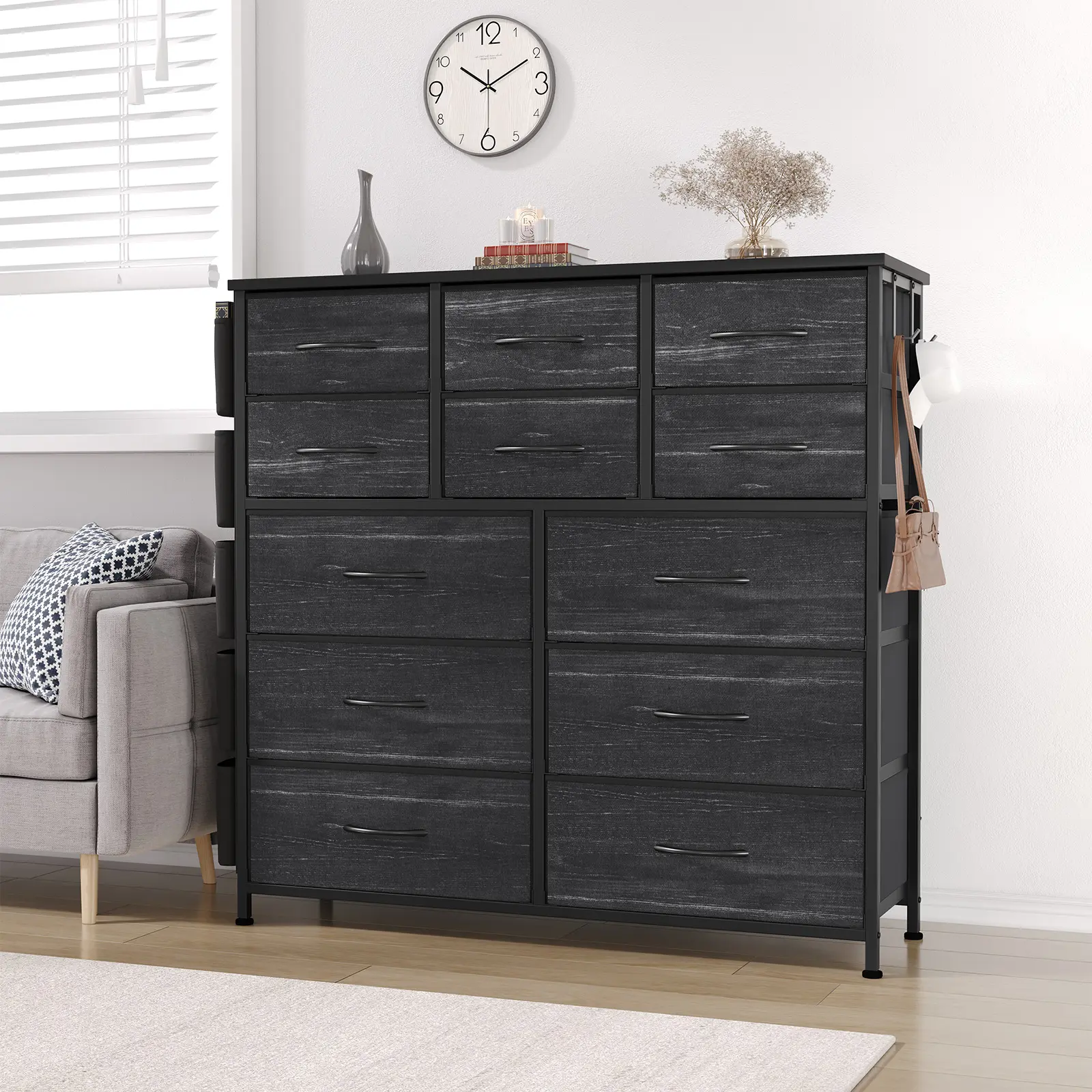 Garvee Slim 12-Drawer Fabric Dresser for Bedroom, Tall Storage Chest with Wood Top & Sturdy Steel Frame - 5 Side Pockets, 2 Hooks, Easy-Pull Handles - Tiger Stripes, 99×30×110cm