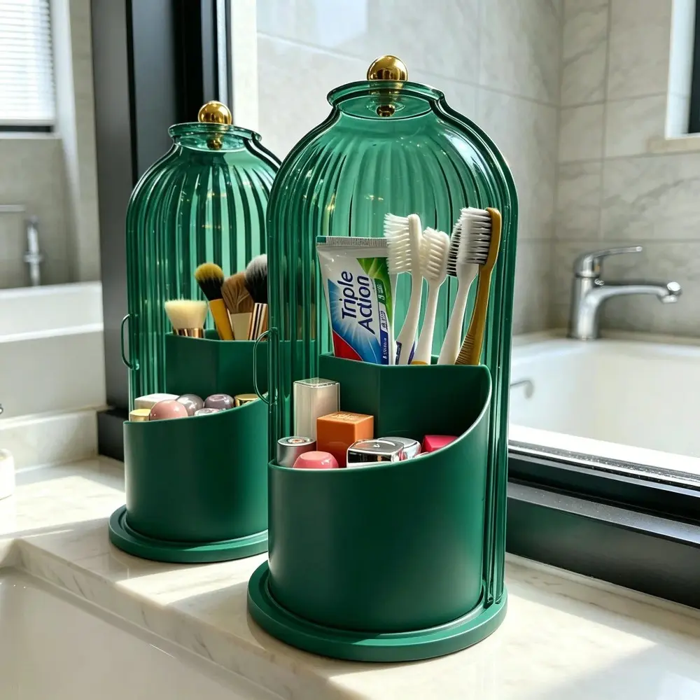 360° Rotating Toothbrush Holder, Toothbrush And Toothpaste Holder with Cover – Dustproof 3-Slot Bathroom Organizer for Electric Toothbrush, Toothpaste & Makeup Brushes, Anti-Slip Drainage Base, Clear Plastic Vanity Countertop Storage