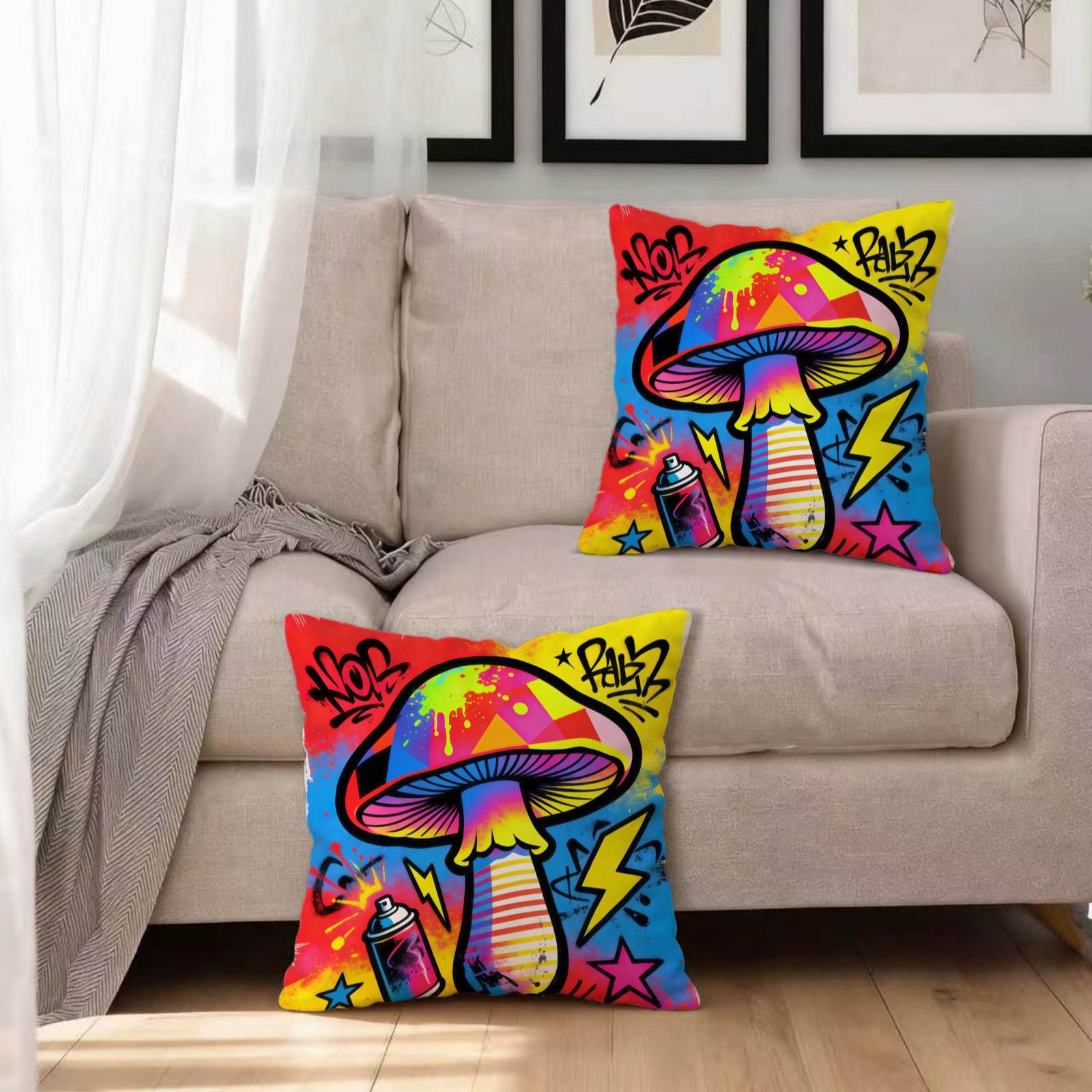 Lightning Mushroom Pattern Pillowcase and Cushion, Soft Polyester Home Decor, Sofa and Bed Headrest, Moving and Holiday Gift