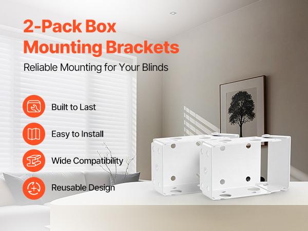VEVOR Box Mounting Brackets, 2 Pcs, Box Blind Bracket for Window Blinds, Fit for 1.5x 2.25 inch Headrails, with Self-Tapping Screws and Expansion Tubes, Sturdy Iron, for Blinds Installation, White