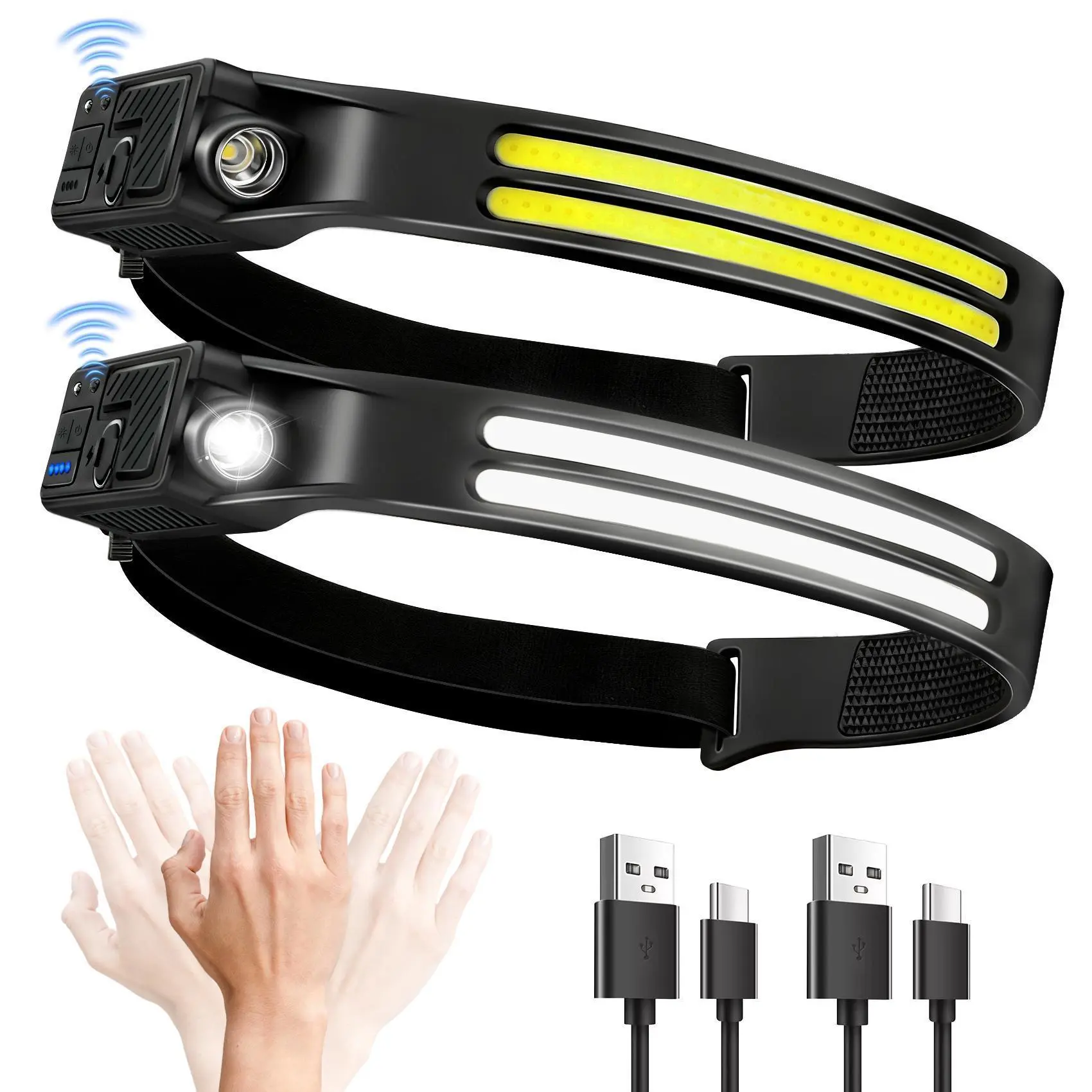 [2026 New] Rechargeable LED Headlamp Flashlight - 230° COB Super Bright Hard Hat Headlight with Adjustable Elastic Headband, USB-C Tech, Motion Sensor, Blue Light Blocking, Outdoor Work Essential, Christmas, Father's Day, Valentine's Day Gift for Men, Mot
