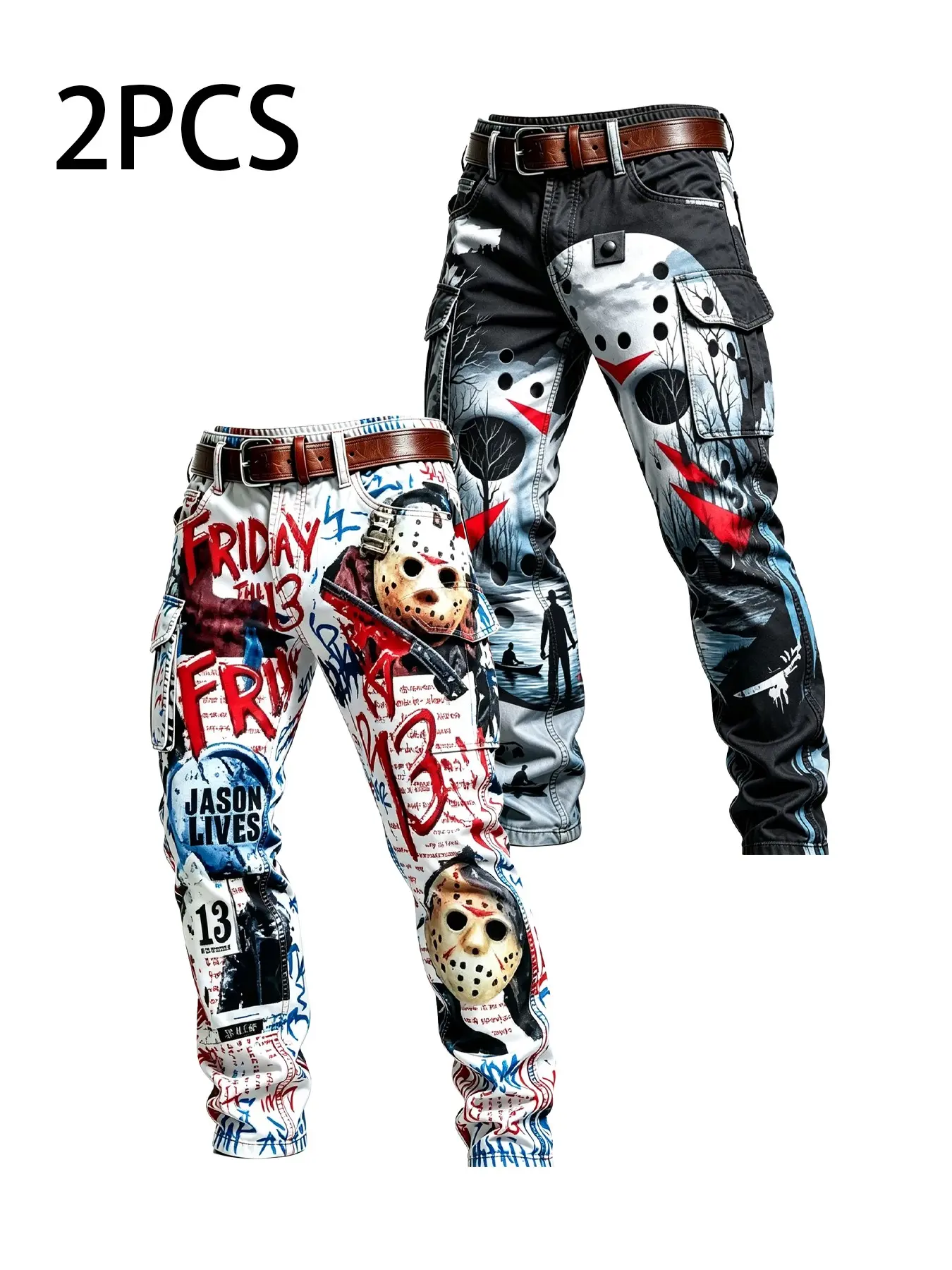 2-Pack Men's Dark Horror Style Cargo Pants, Cargo Pocket Design, Friday the 13th Jason Mask Print, Casual Long Trousers, Slim-Fit, All Seasons