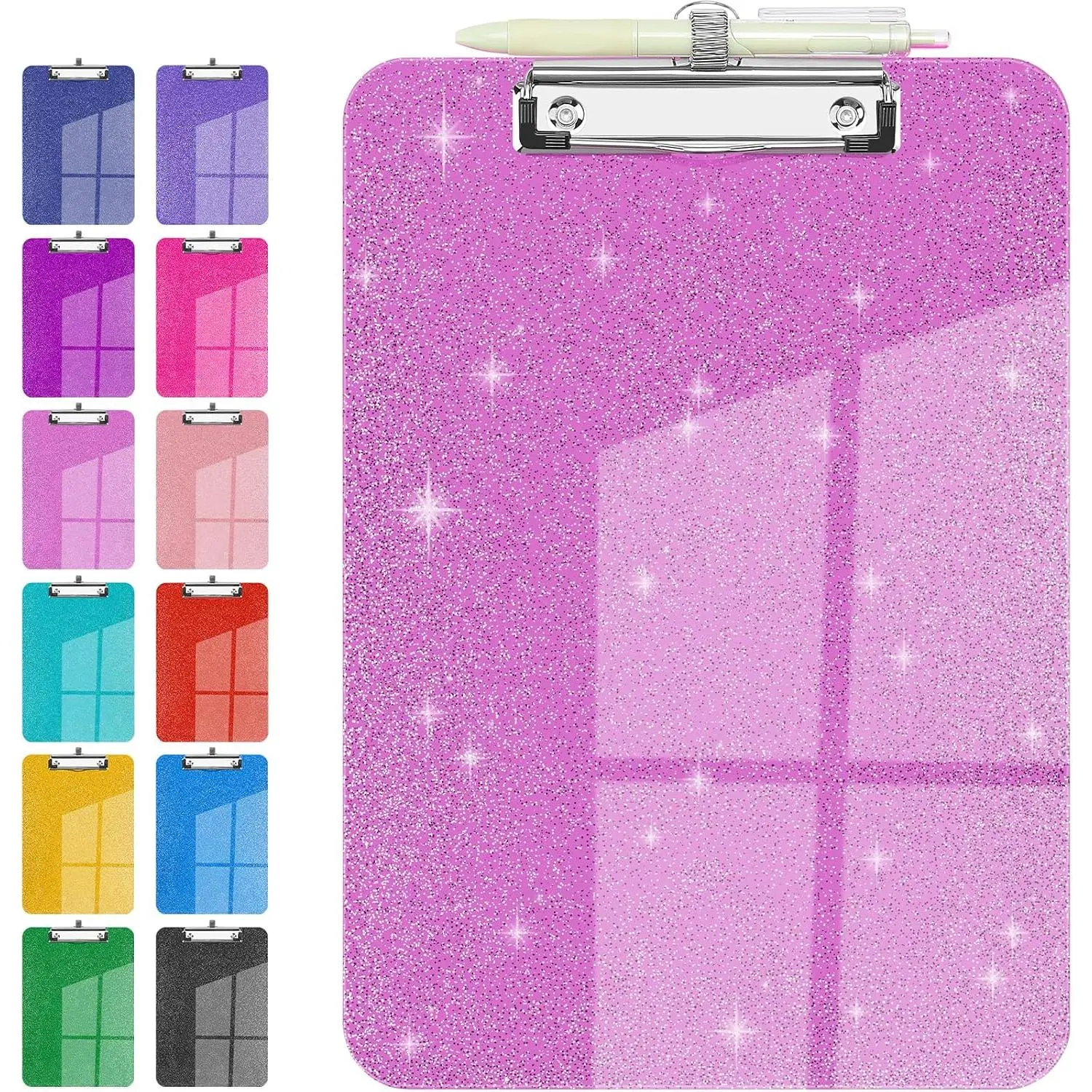Sparkly Clipboard with Pen Holder Clear Plastic Glitter Clip Board Hanging Shiny Clipboards with Low Profile Metal Clip Letter A4 Size for Women Office (Rose Pink)