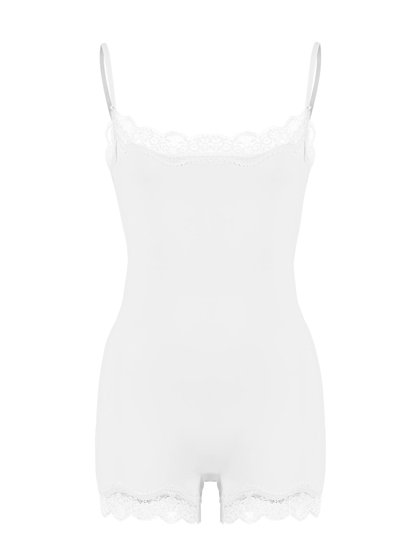 Women's Basic Solid Color Spaghetti Strap Lace Trim Seamless Bodysuit Underwear Body Shaper Shapewear