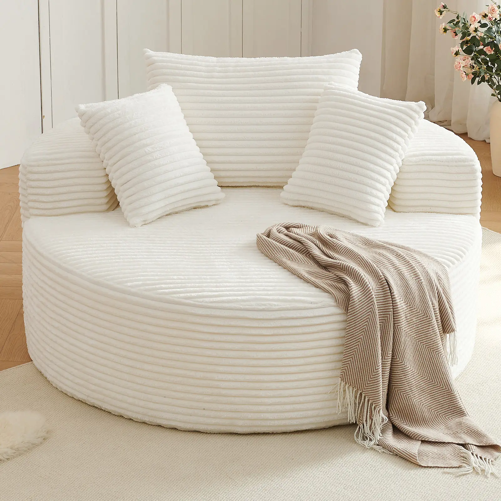 Oversized Art Deco Corduroy Accent Chair - Ribbed Texture Upholstered Legless Lounge Chair with Round Deep Seat, Rounded Arms, Pillows, Pre-Assembled for Living Room, Reading Nook (Sitting Living Room Furniture) familyfun
