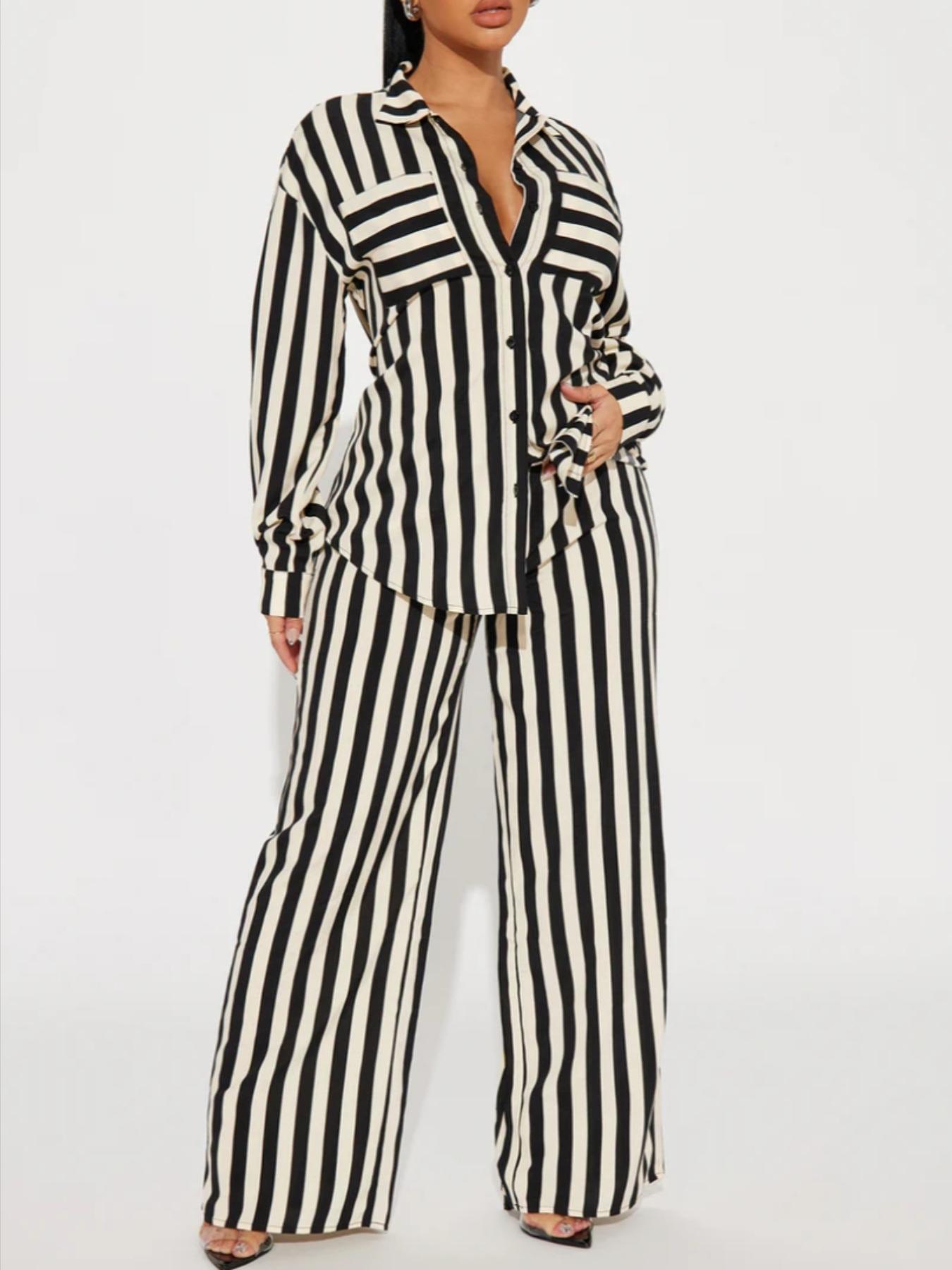 Women's black and white striped lapel long-sleeved button-down shirt and wide-leg pants set. Fashionable women's clothing for everyday wear and office use, perfect for all seasons.