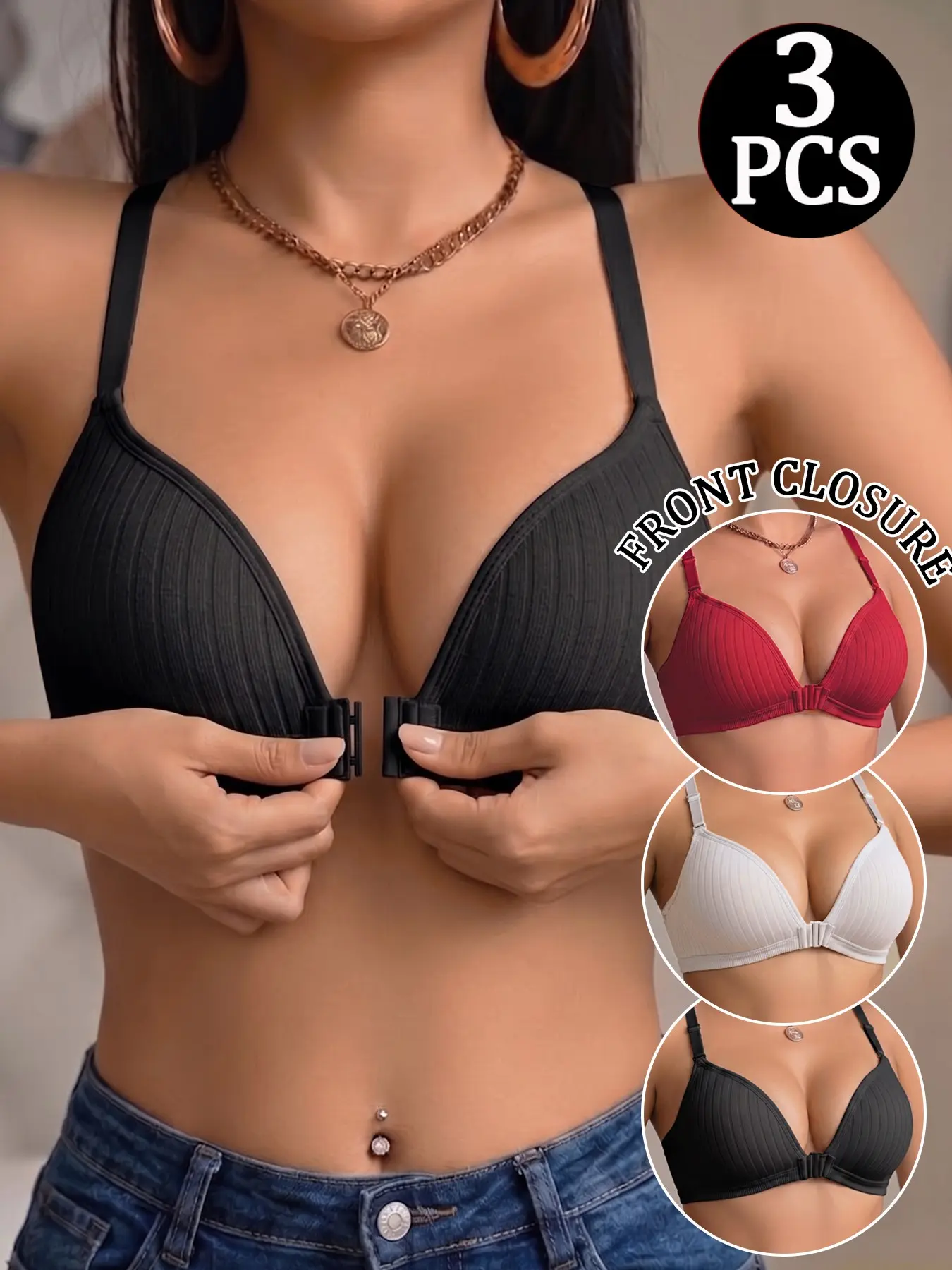 3pcs Women's Front Buckle Bra, Wireless Push-Up Lingerie, Breathable Seamless Underwear Basic Casual Slim-Fit for Daily Wear