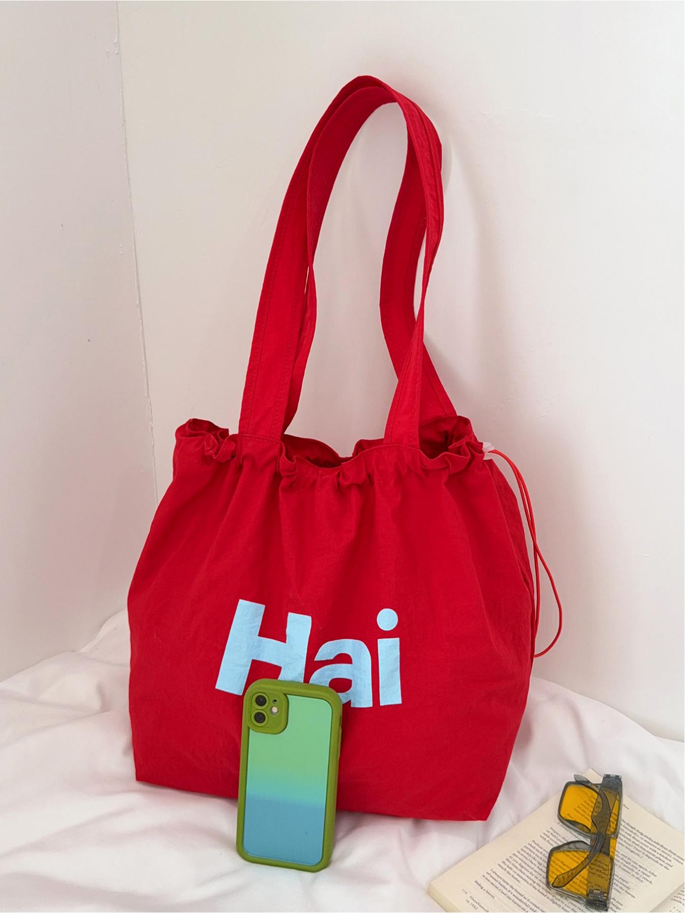 Large capacity drawstring tote bag with letters, simple casual shoulder bag, lightweight and comfortable, street style, work, shopping, underarm bag