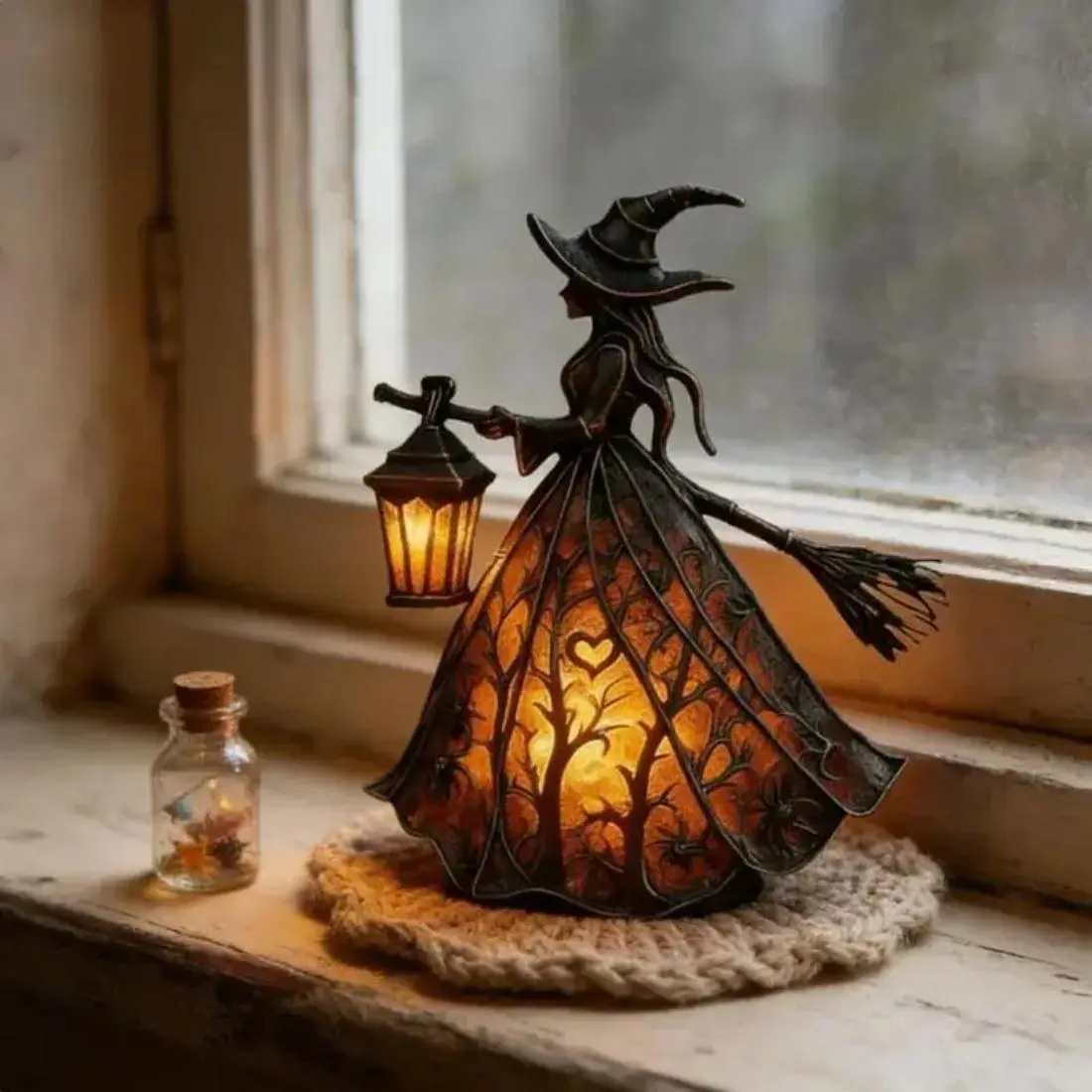Halloween Night Light 3D Resin Witch Table Lamp, Warm LED Ambient Light for Spooky Bedroom Decor, Halloween Home Decorations Indoor, Gothic Desk Decor, Fall Shelf Display, Halloween Party Decoration Gift