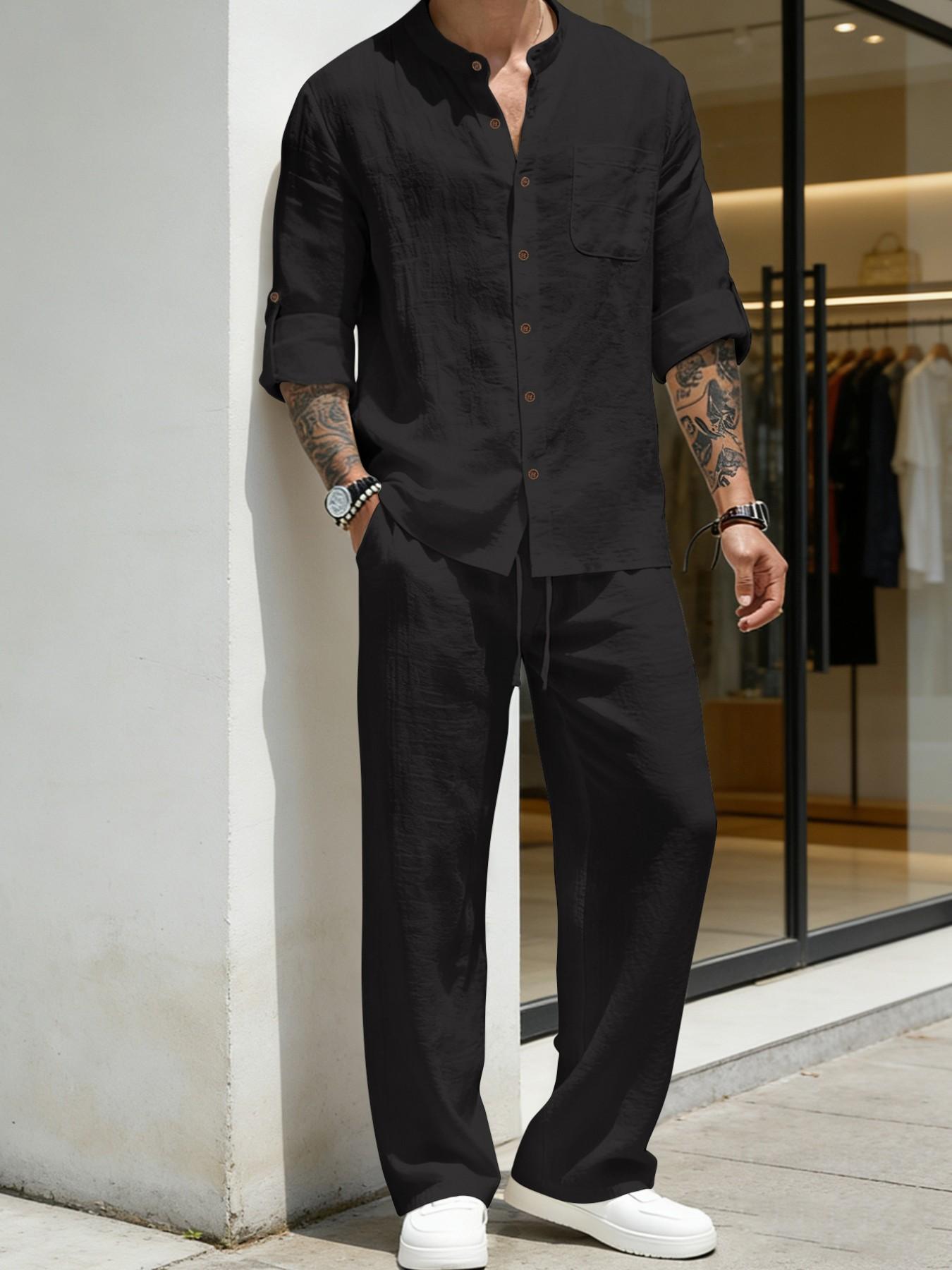 Men's Linen Stand Collar Long Sleeve Button Shirt & Straight Leg Belted Pants Set, Casual Business Leisure Style, Fashionable Men's Clothing