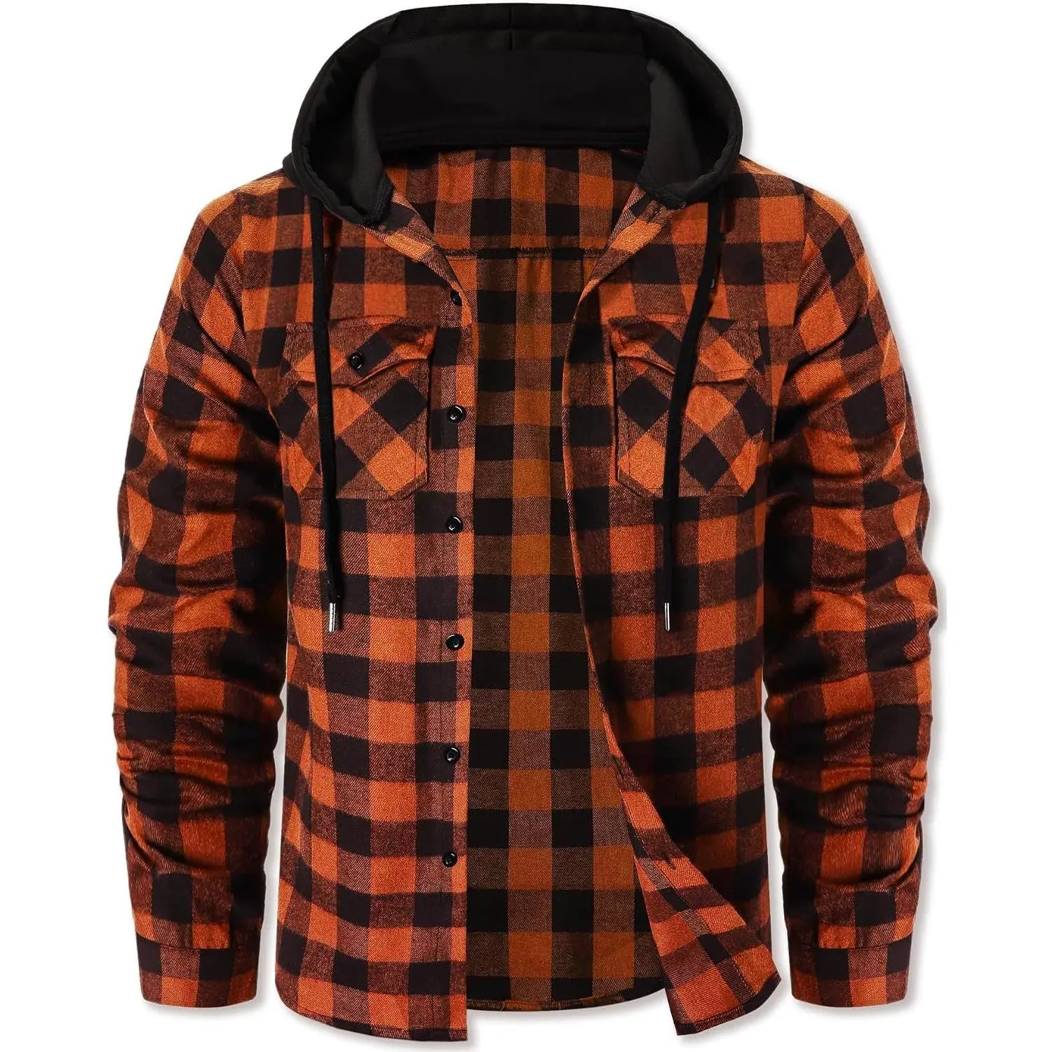 Men Flannel Hoodie Plaid Button Down Jacket Long Sleeve Shirts