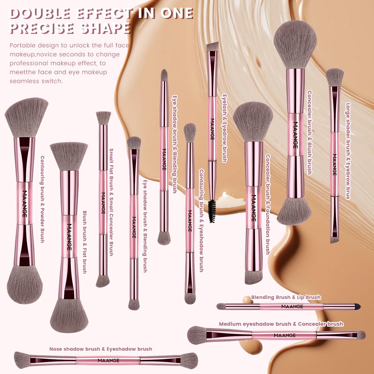 Maange 13-Piece Dual-Ended Makeup Brush Set + 5 Powder Puff Accessories Gift Box, Brush Makeup Kit, Soft Cosmetic Brushes, Essential Beauty Tools, Perfect Valentine's Day Present