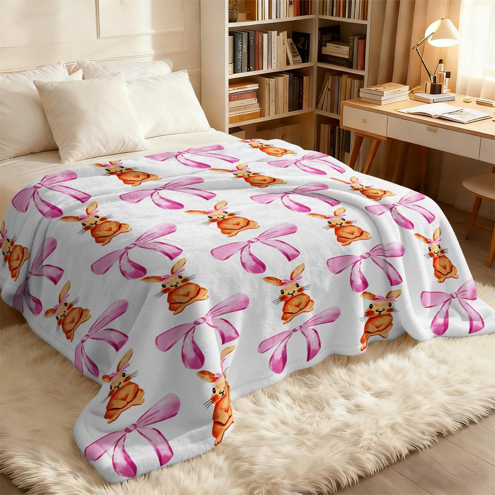 Cute Bunny & Cucumber Print Flannel Throw Blanket, Soft Warm Fleece Blanket with Pink Bow, Cozy Plush Gift Blanket for Couch Bed Sofa, Lightweight Decorative Blanket for All Seasons, Perfect Gift for Friends & Family
