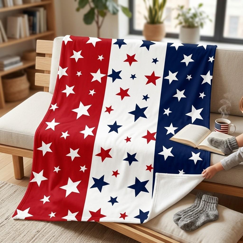 Star Pattern American Flag Themed Blanket, Soft Comfortable Throw Blanket, Cool Bedroom Bedding Blankets for Home Office Travel Dormitory Camping