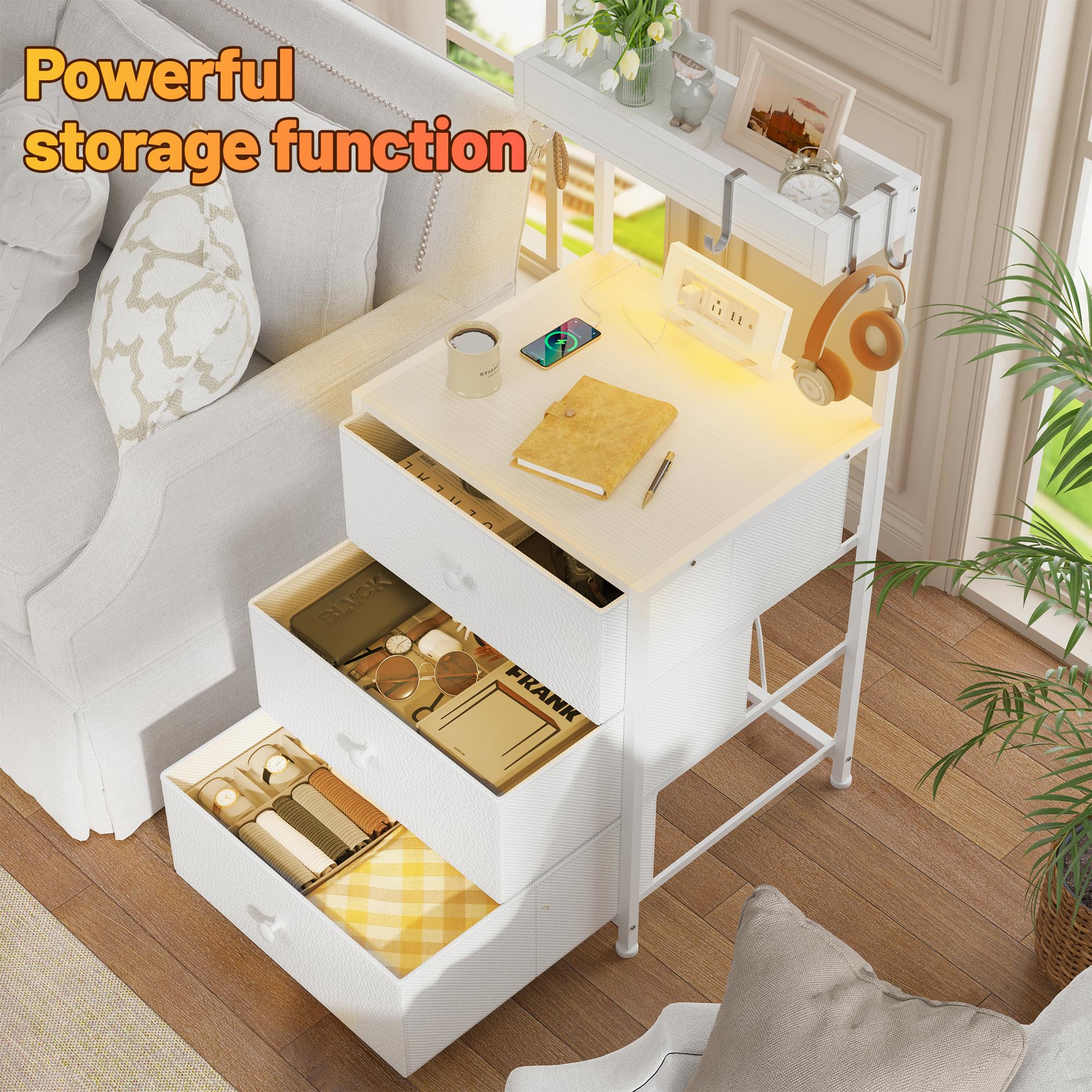 LED Nightstand Set of 2 with 3 Fabric Drawers & Shelf & Hooks, Tall Nightstand with LED & Power Outlet , End Table with Charging Station, Bed Side Table for Bedroom Furniture, White, Black, Rustic Brown