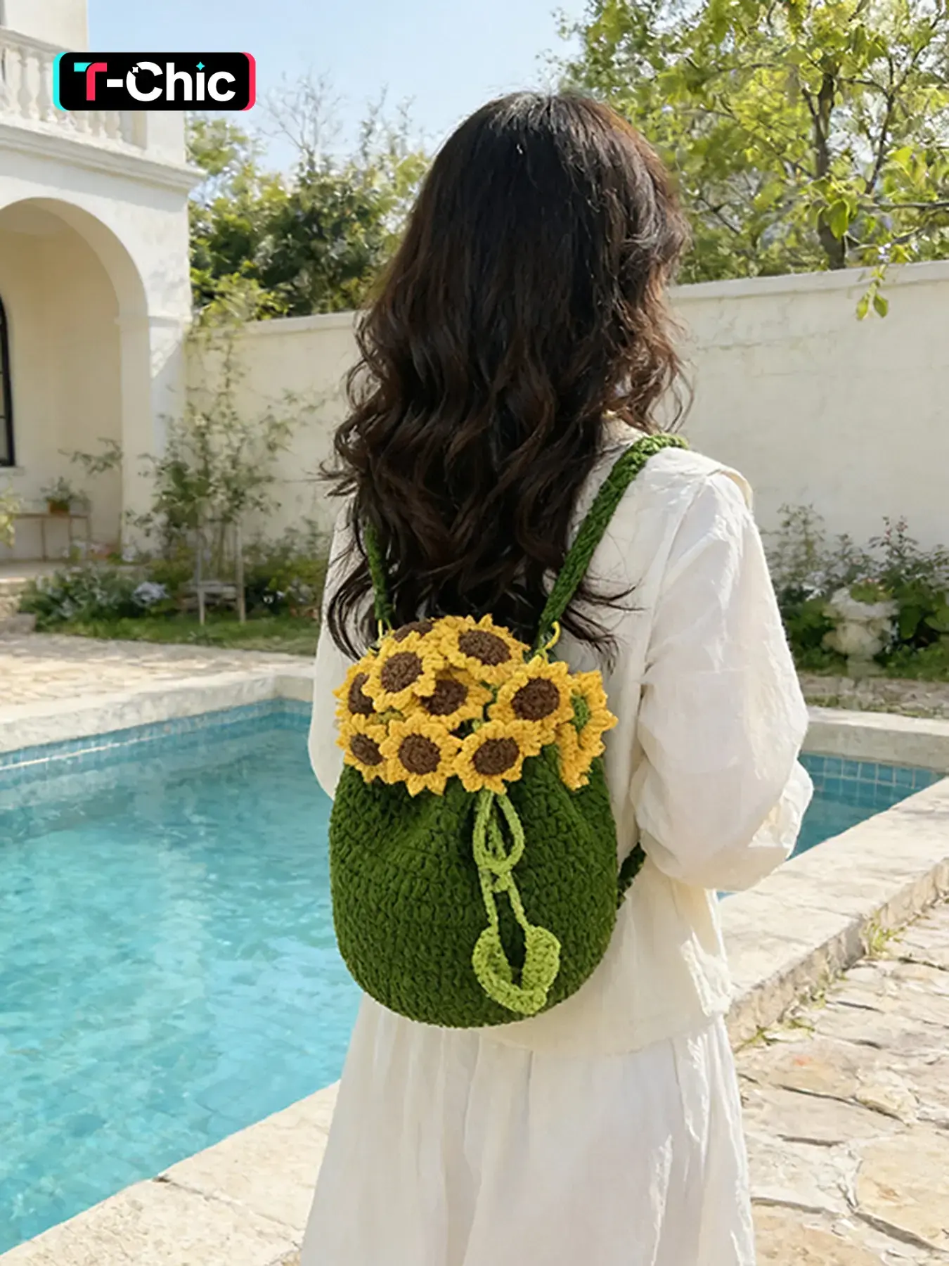 A niche handmade crochet sunflower drawstring Casual Backpack, made with green yarn and a cute flower drawstring design, adjustable shoulder straps, a versatile backpack perfect for daily commuting, parties, and outings.