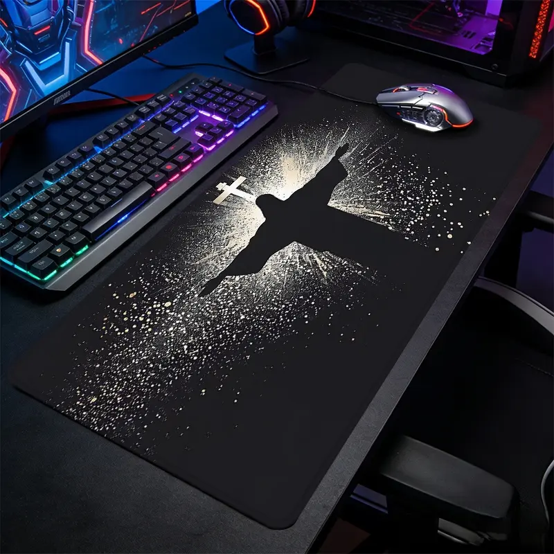 Religious Holy Cross Symbol Large-Sized Gaming Mouse Pad, Mouse Mat, Minimal Silhouette Art Desktop Protection Pad, Anti-Slip Rubber Lock Edge High-Definition Printing, Suitable For Computers, Laptops, Homes, Great Gift For Family And Friends