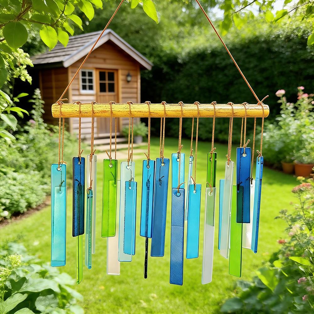 Spring Colorful Glass Handmade Wind Chime, Rectangular Frosted Glass, Outdoor Garden Yard HDecor, Boho Style Home Decoration
