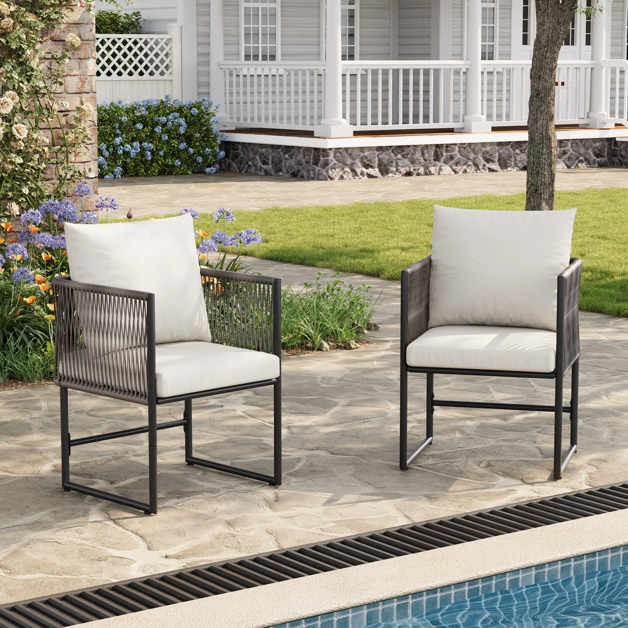 GARVEE PE Rattan Dining Chair Set of 4, Standard Durable Outdoor Chairs with Cushions for Patio Garden Balcony, Beige