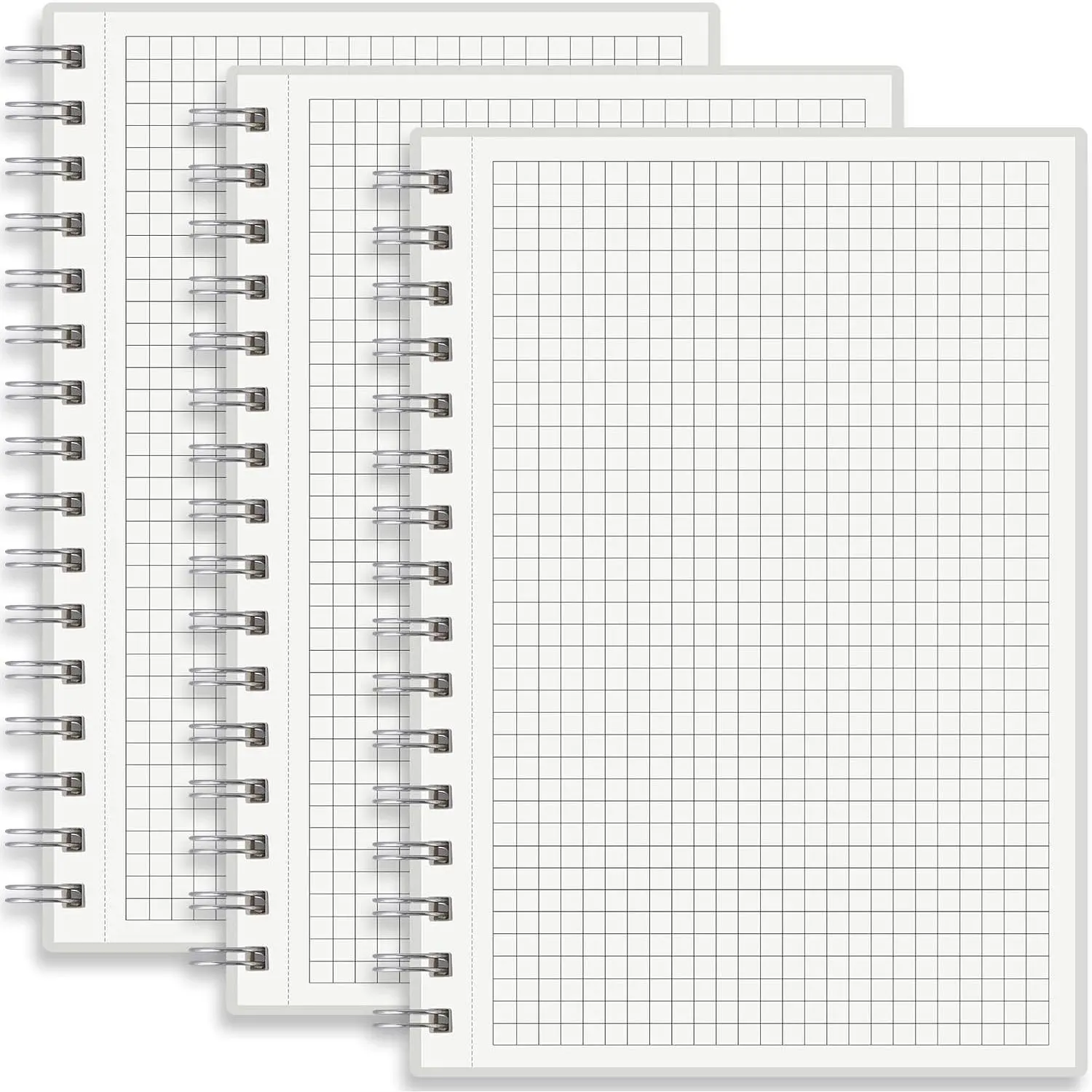 A5 Spiral Graph Ruled Notebook 3 Pack, 160 Pages  White 100GSM Thick Paper,  Frosted Translucent Cover, Perforated  Off Line Squared Journal for School Office