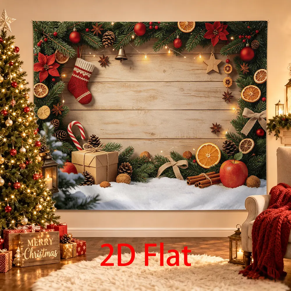 Rustic Pine Christmas Photo Backdrop, Wood-Look Design with Orange Cinnamon Gifts Theme, Festive Party Decor for Home Supplies