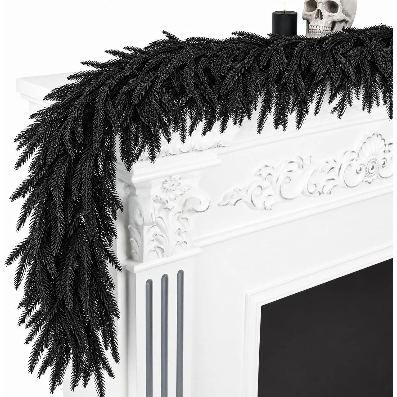 6ft Black Halloween Synthetic Norfolk Pine Mantle Garland, High-Density PE Realistic Look Gothic Faux Vine Twig Decoration for Fireplace, Stairs Holiday Party