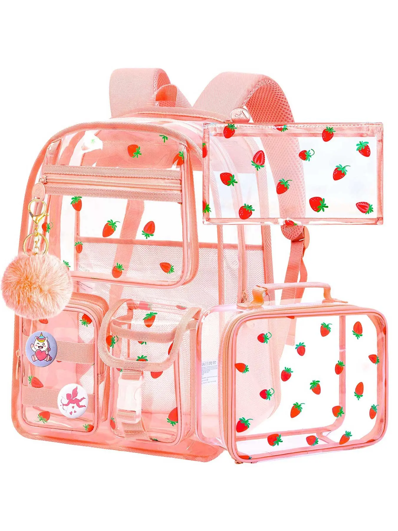 Clear Backpack, 17" Women Heavy Duty PVC Transparent Bookbag, Cute Girls Stadium Approved See Through School Bags for Elementary Preschool - Aesthetic Strawberry Pink