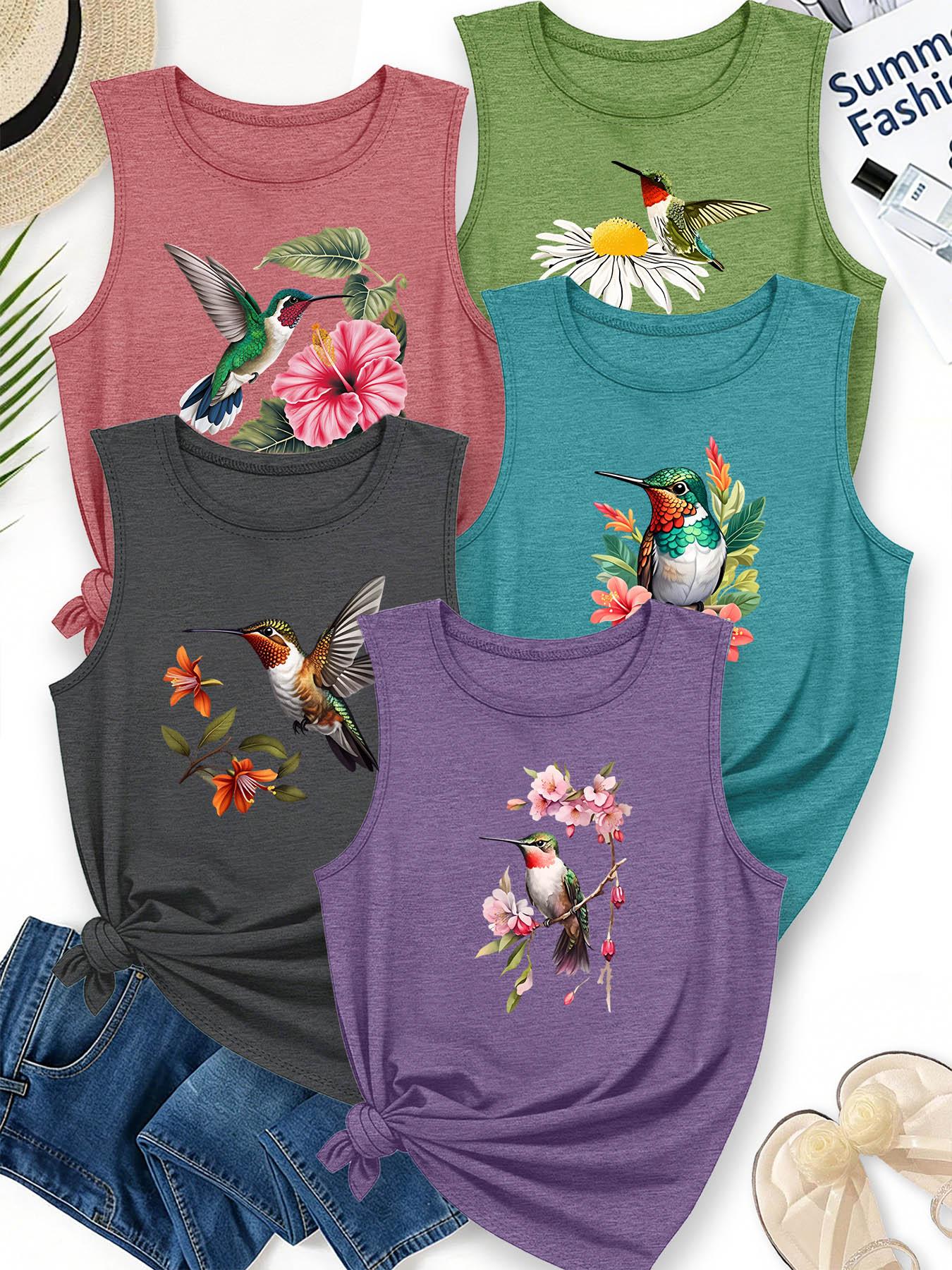 5PCS Women's Crew Neck Sleeveless Tank, Hummingbird & Floral Watercolor Print, Aesthetic, multi-color, washable, soft summer top