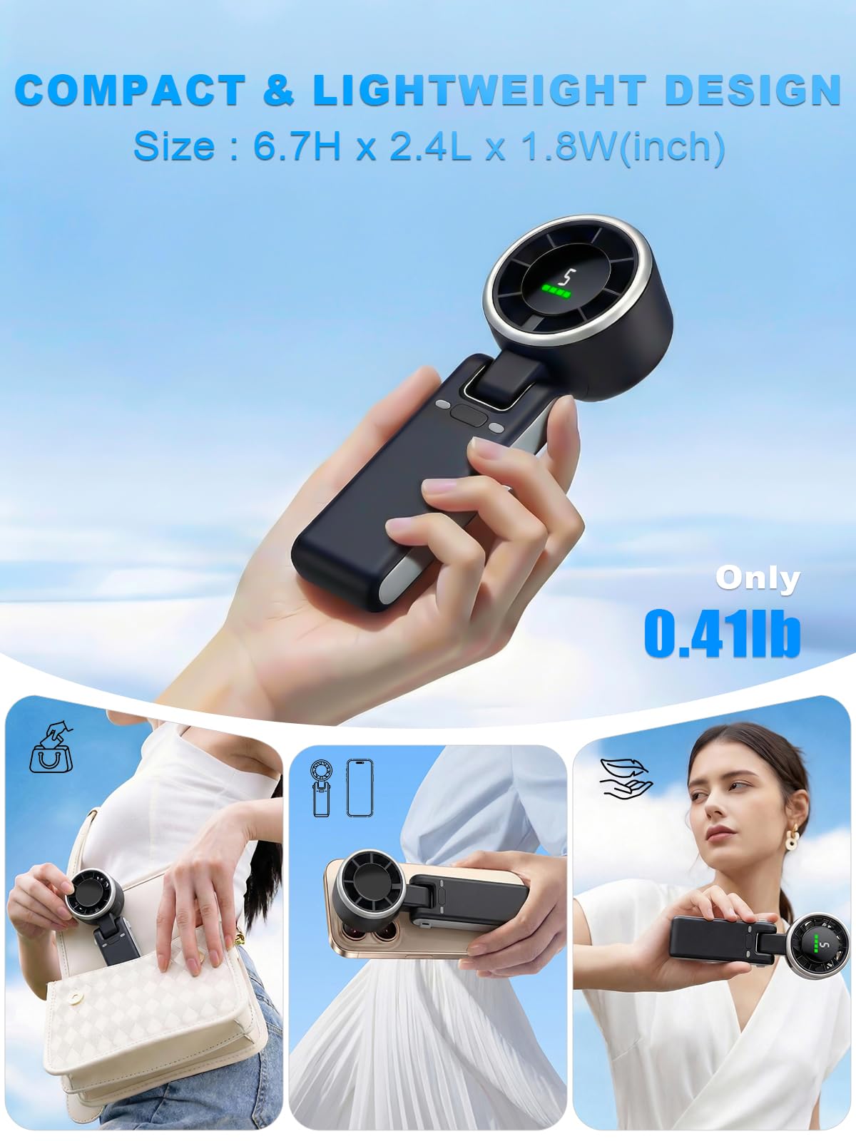 Portable Handheld Turbo Fan, 5 Gear Wind, Battery Operated, Up to 13 Working Hours Rechargeable Fan, 3 IN 1 Hand Fans with Air Turbo Tech Cooling Fan for for Travel, Beach, Outdoor