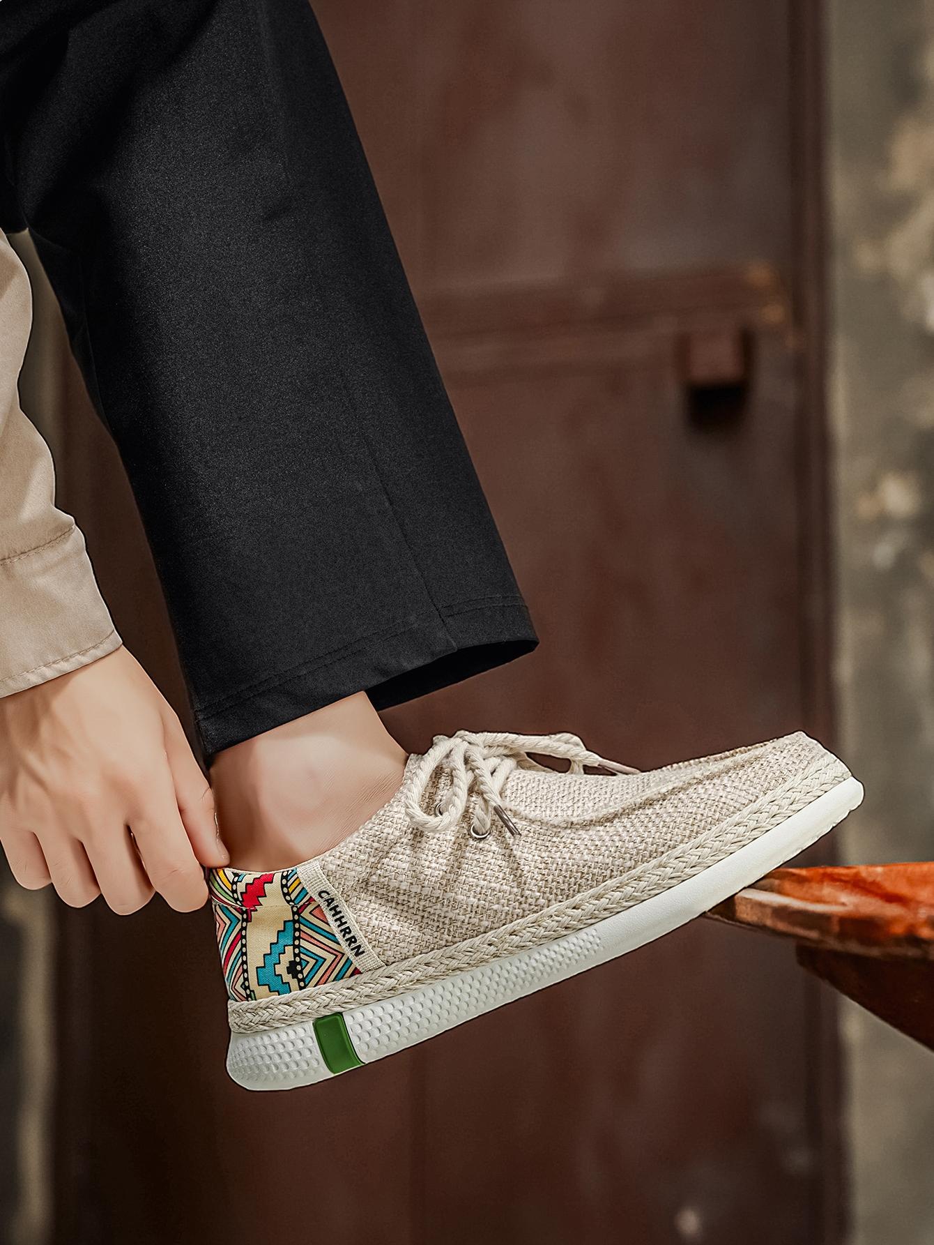 Summer New Men's Linen Shoes, Breathable Non-Stuffy, Colorblock Geometric Pattern, Fringe Decor, Retro Ethnic Style, Comfortable Thick Sole