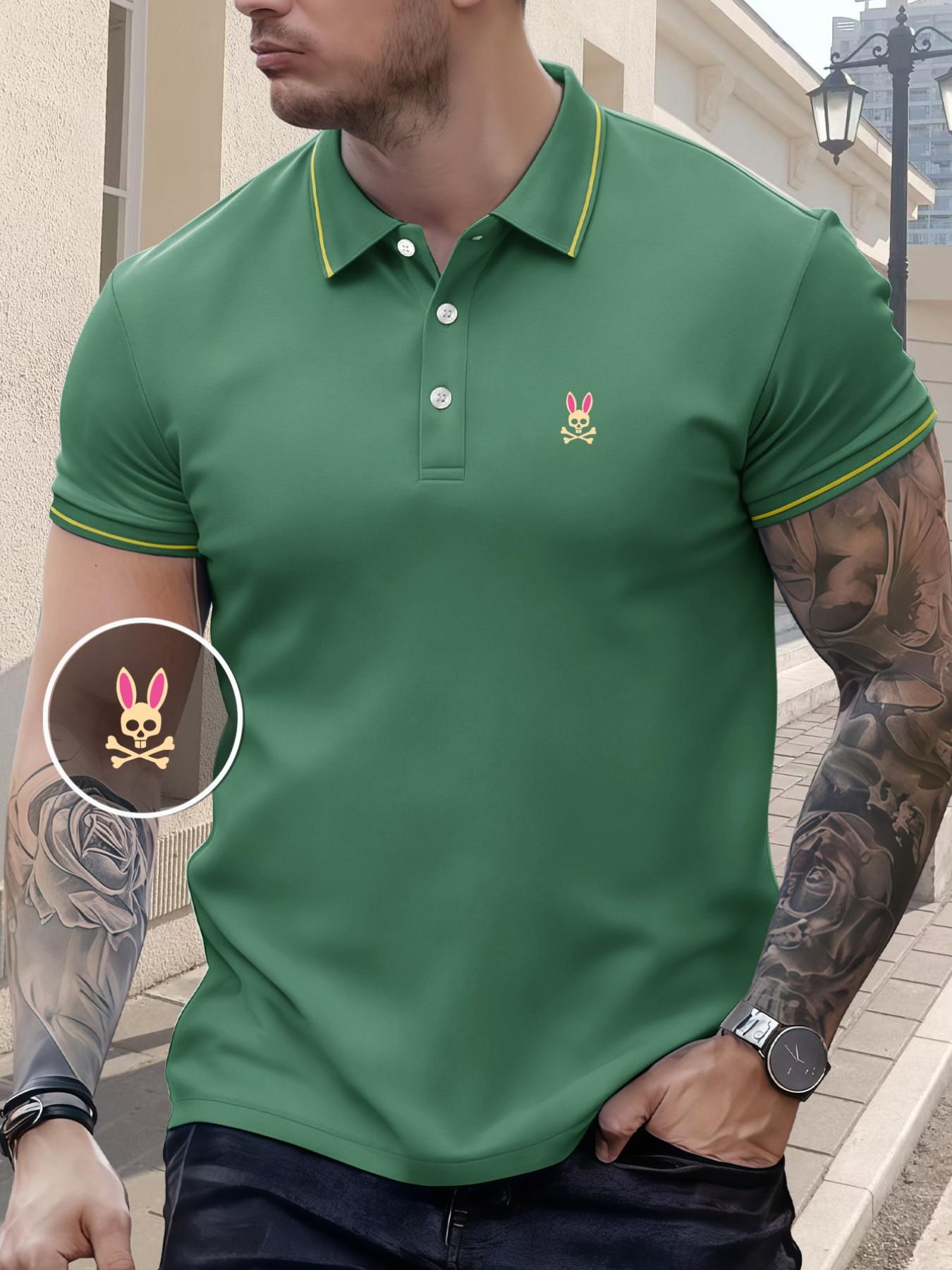 Men's Regular Fit Letter Print Contrast Trim Polo Shirt Skull Rabbit, Casual Short Sleeve Half Zip Top for Summer, Fashion Men's Clothes for Daily Wear, Tropical