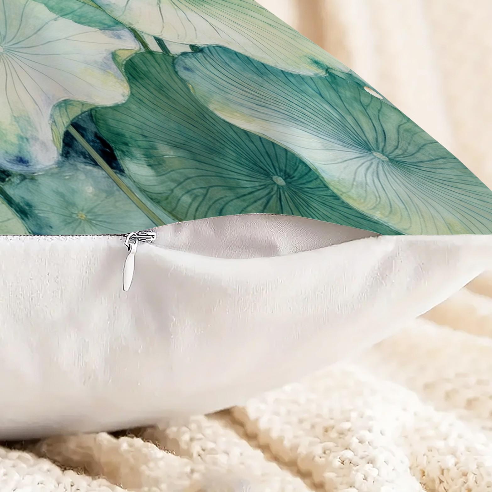 1 Piece Watercolor Lotus Leaf Throw Pillow, Green Lotus HD Digital Print Decorative Accent Pillow, Soft Cushion with Invisible Zipper for Couch Bed Sofa, 18x18 Inch (No Insert)