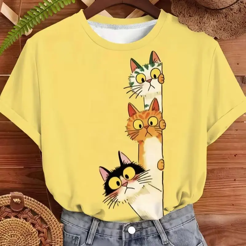 Cute Peeking Three Kittens Graphic T-Shirt Funny Cartoon Cats Animal Lover Aesthetic Casual Short Sleeve Women Top