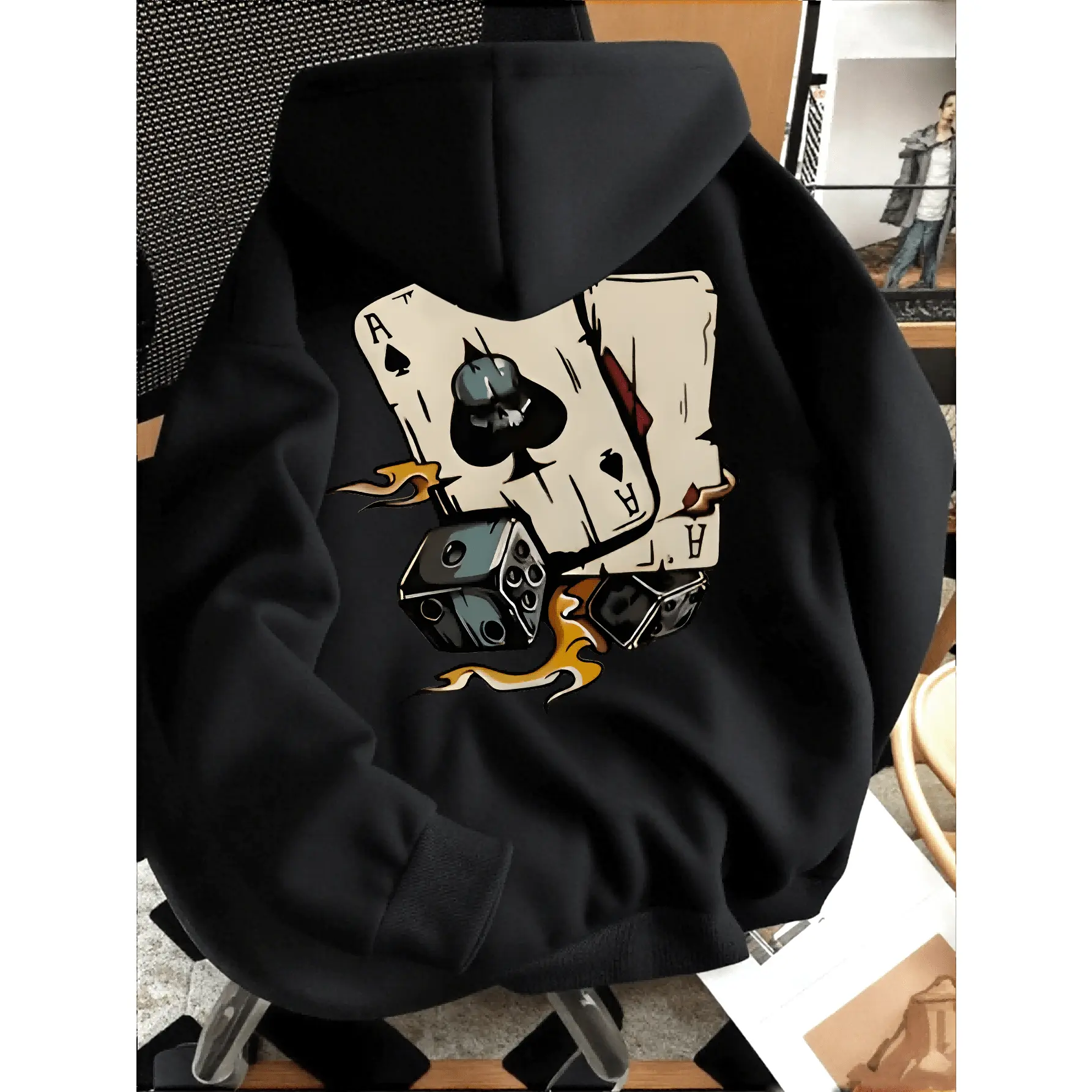 Double‑Sided Ace Of Spades Dice Graphic Hoodie Vintage Broken Card Skull Flame Print Hooded Sweatshirt Cool Gambling Street‑Wear Pullover Loose‑Fit Casual Outerwear For Men Women