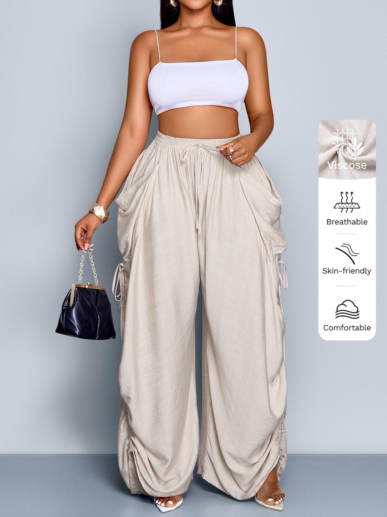 Aliling Women's Summer Casual Basic Solid Color High-Waisted Wide-Leg Bottom Pants, Adjustable Drawstring Side Regular Fit Pants for All Seasons Aliling Women's Summer Casual Basic Solid Color High-Waisted Wide-Leg Bottom Pants, Adjustable Drawstring Side Regular Fit Pants for All Seasons