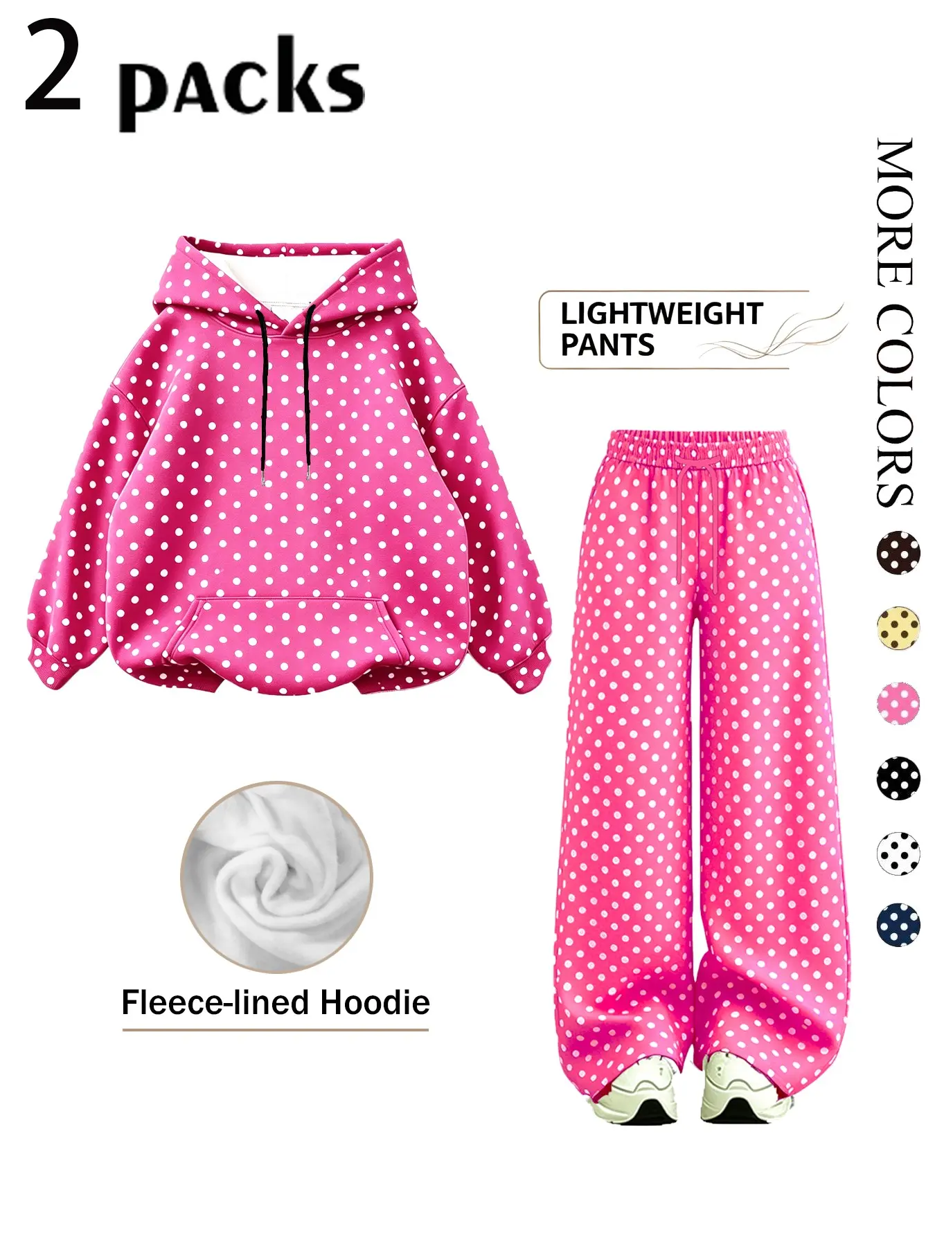 Women's polka dot loungewear two-piece set: a loose-fitting long-sleeved Sweatshirt hoodie and elastic-waist wide-leg pants. Comfortable and soft, suitable for daily commutes, walks, and relaxing at home. Available in multiple colors.