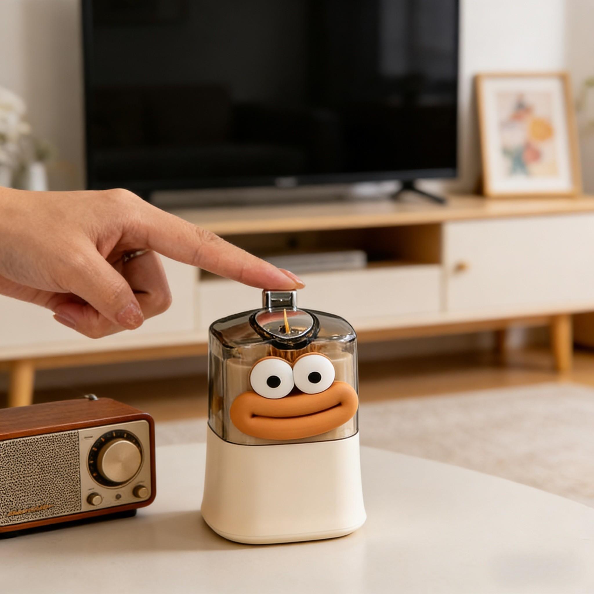 Automatic Press Toothpick Holder, Plastic Toothpick Dispenser, Creative Toothpick Storage Box, Cute Design, Includes Cartoon Stickers