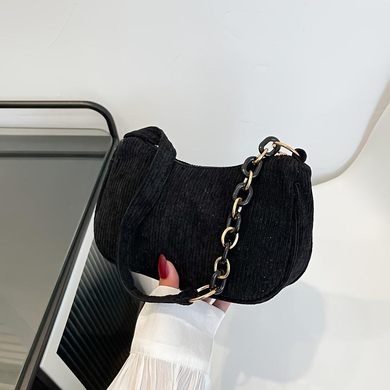 Vintage Corduroy Crossbody Bag, Stylish Chain Side Purse, Women'S Basic Handbag Featuring a Zipper, Crossbody Bags For Women, Handbags For Women